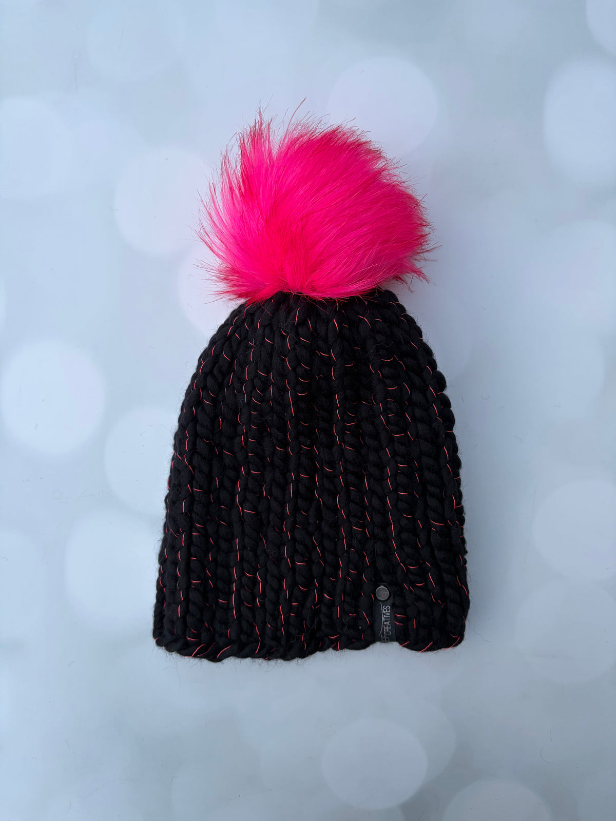 Black Knit Hat - Black and Pink Beanie Hand Knit Hat with Hand Painted Yarn