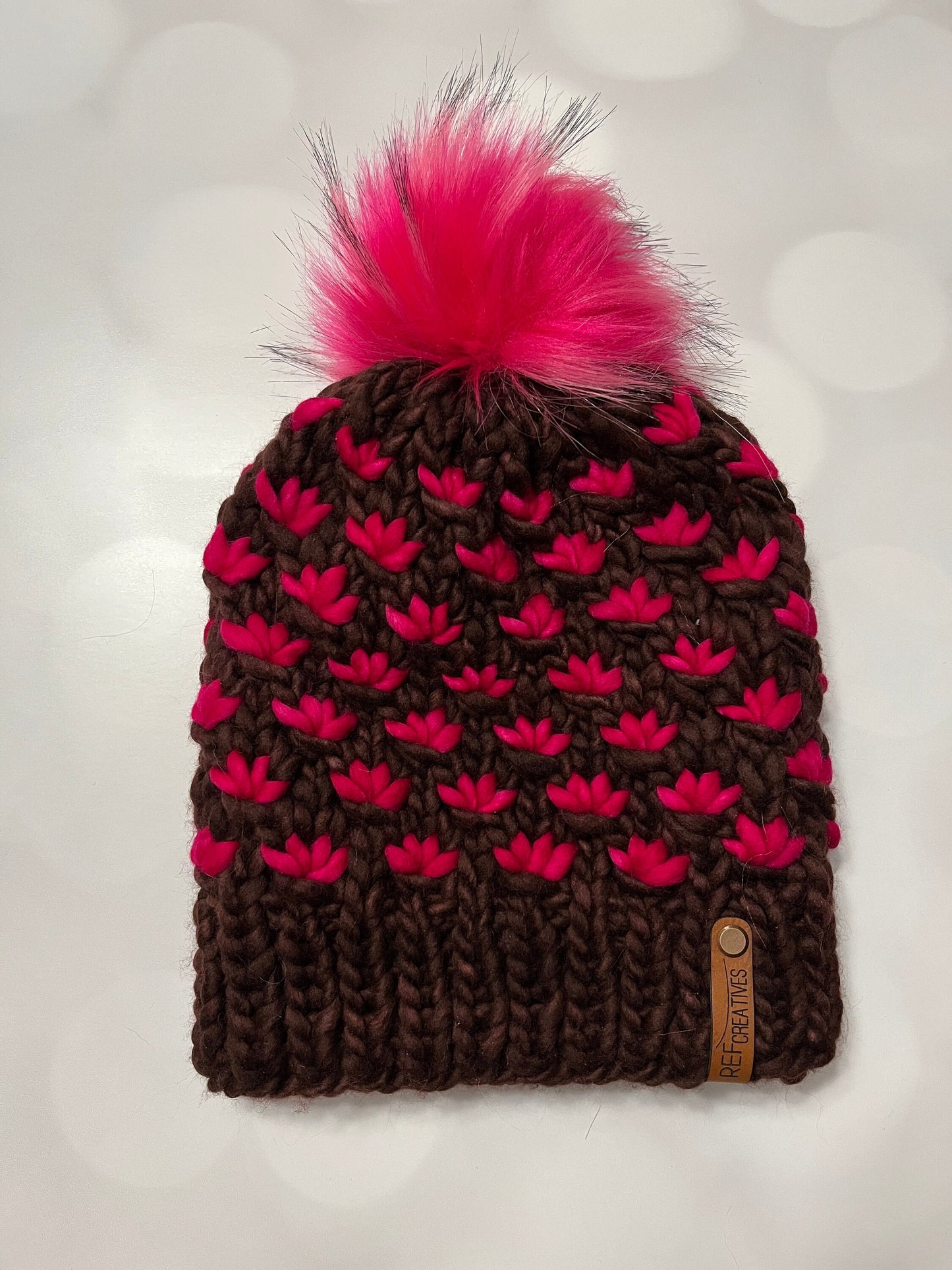 Luxury Brown Merino Wool Knit Hat - Brown and Pink Lotus Flower Beanie Hand Knit Hat with Hand Dyed Yarn