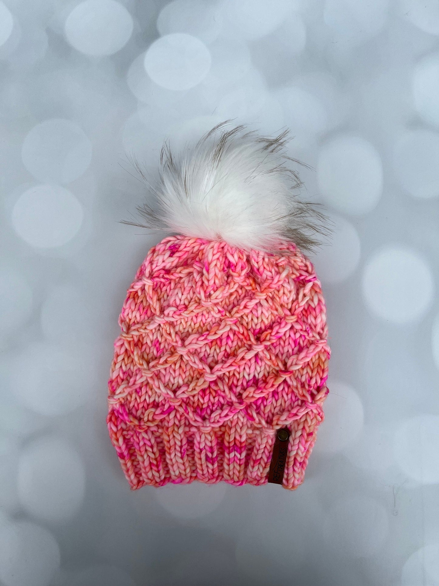 Luxury Pink Merino Wool Knit Hat - Neon Sherbert Lattice Beanie Hand Knit Hat with Hand Dyed Yarn