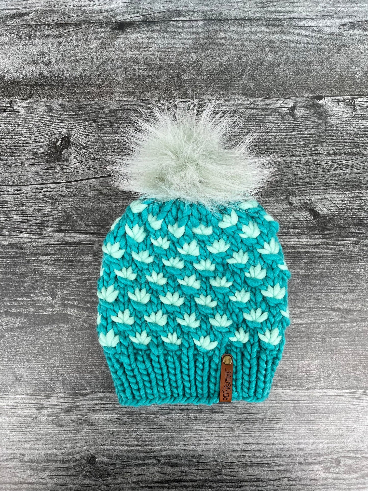 Luxury Teal Merino Wool Knit Hat - Teal and Mint Lotus Flower Beanie Hand Knit Hat with Hand Dyed Yarn