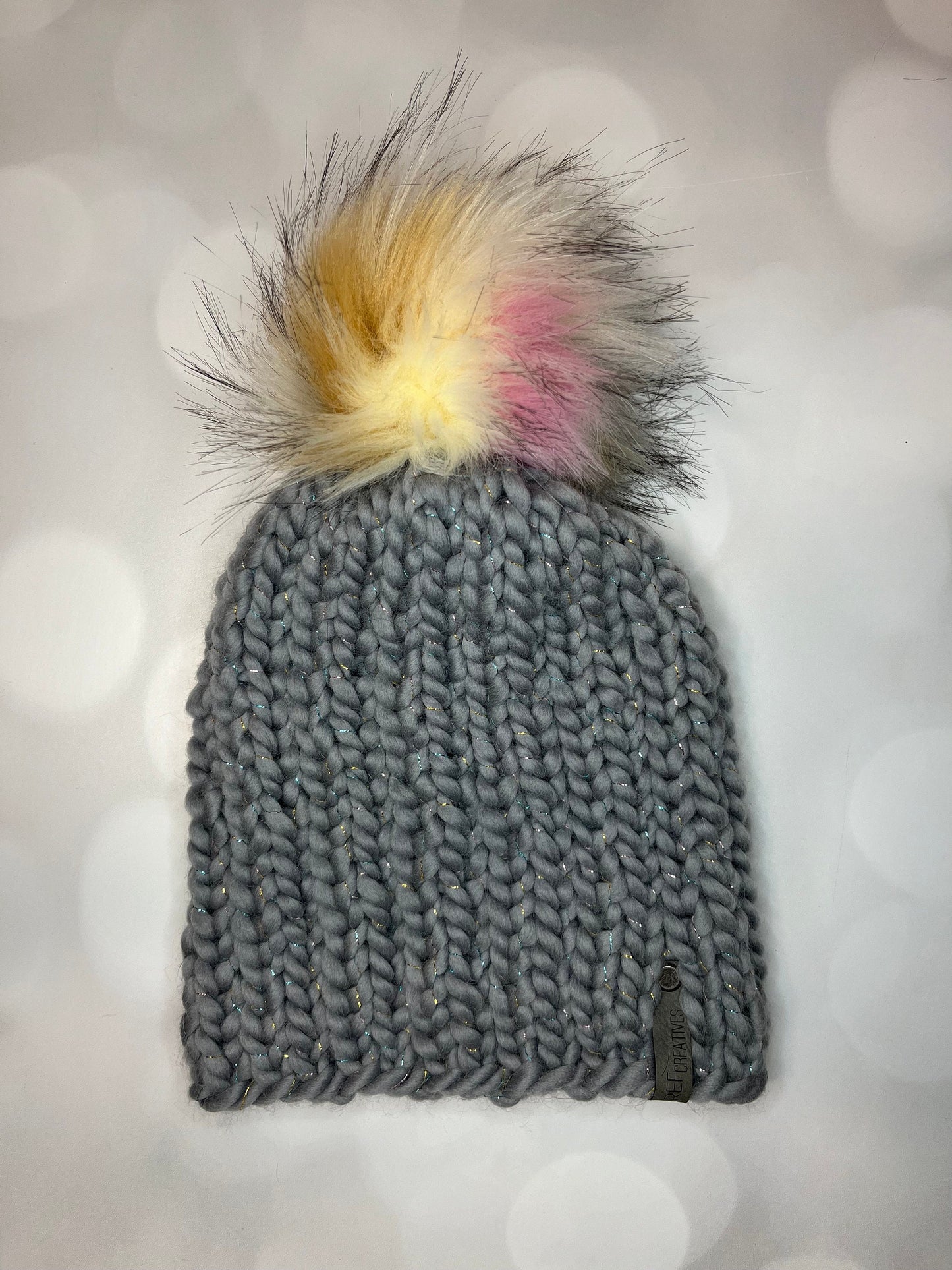 Grey Knit Hat - Grey and Metallics Beanie Hand Knit Hat with Hand Painted Yarn