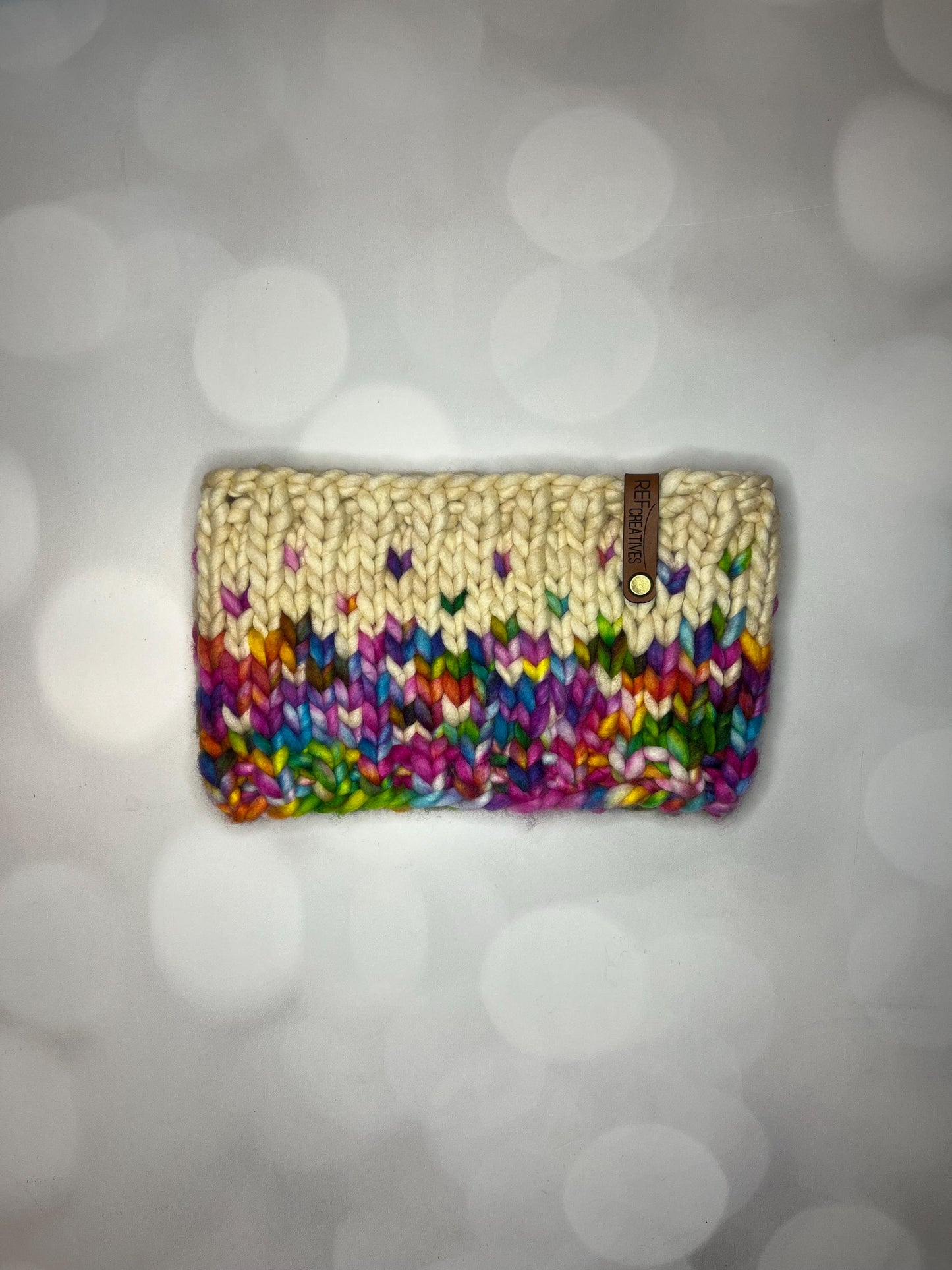 Luxury Rainbow and Cream Hand Knit Merino Wool Ear Warmer with Hand Dyed Yarn