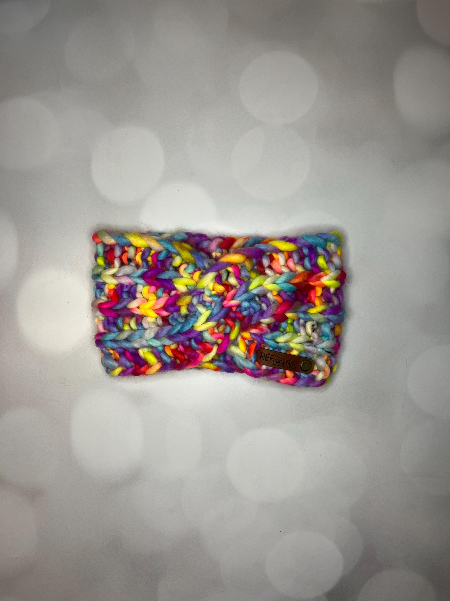 Luxury Electric Rainbow Hand Knit Ear Warmer with Hand Dyed Yarn