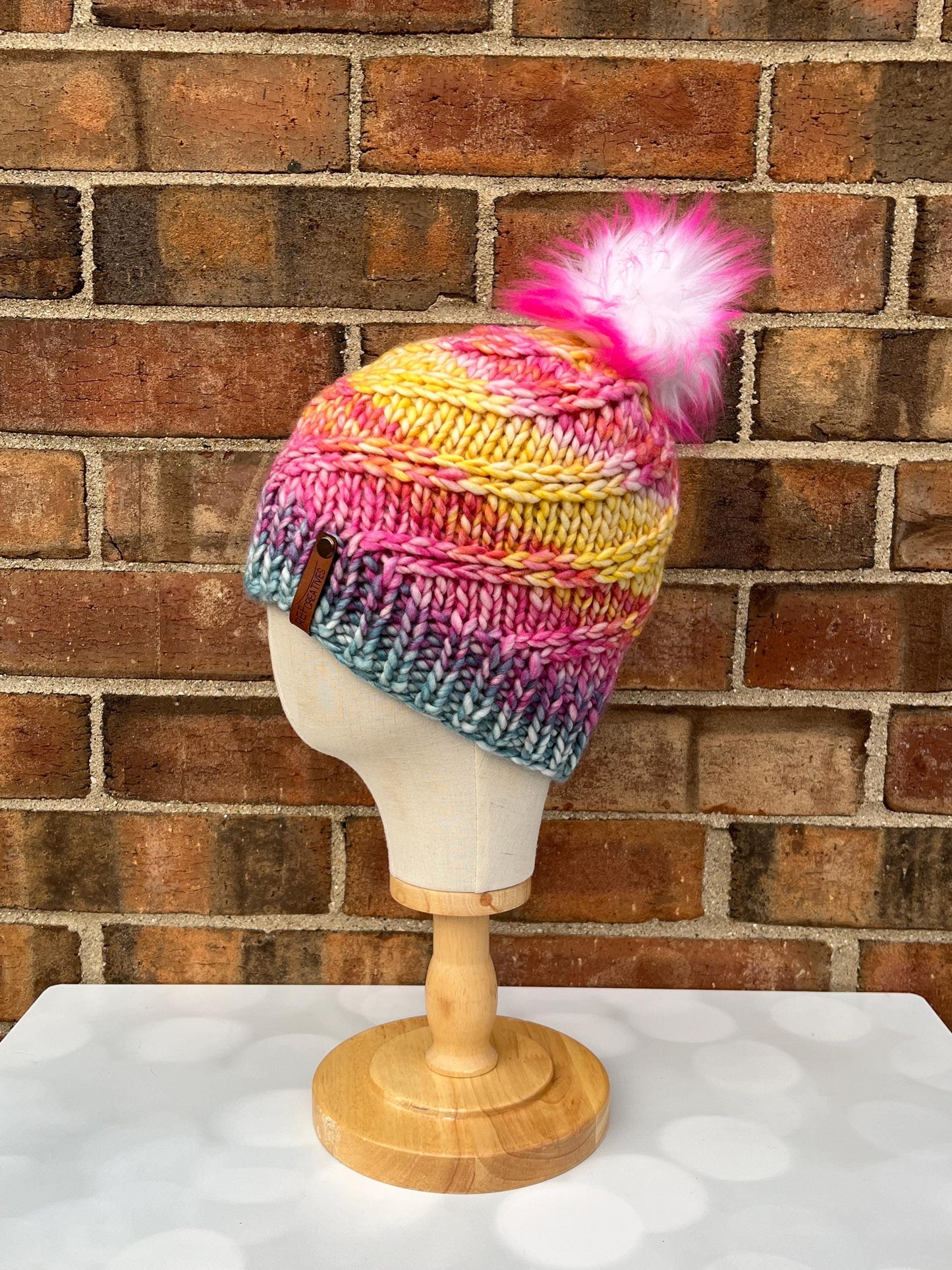 Luxury Rainbow Merino Wool Knit Hat - Teal, Pink, Purple, Yellow, and Orange Striped Swirls Hand Knit Hat with Hand Dyed Yarn