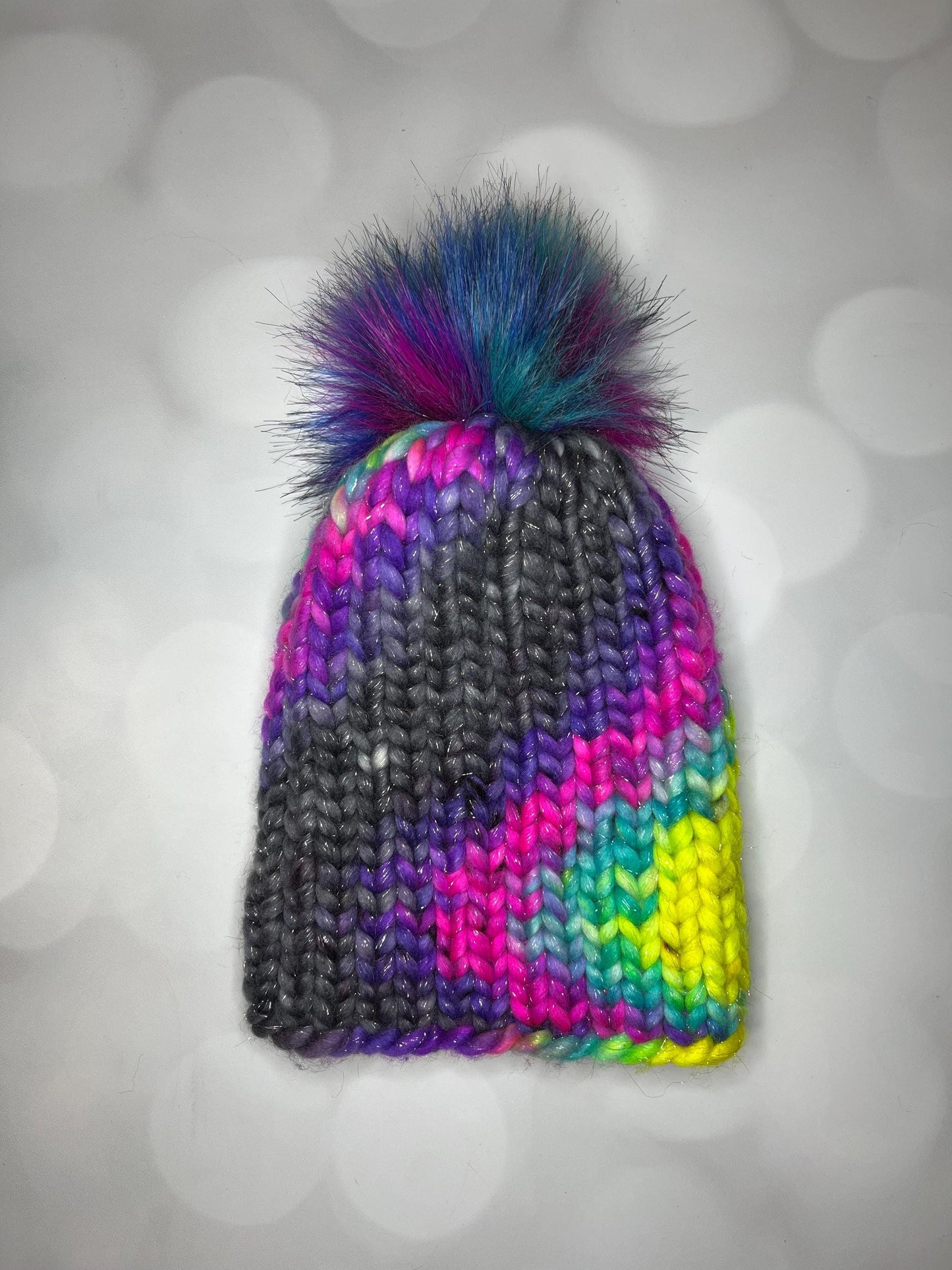 Luxury Sparkly Neon Merino Wool Ribbed Knit Hat - Disco Nights Classic Beanie Hand Knit Hat with Hand Dyed Yarn