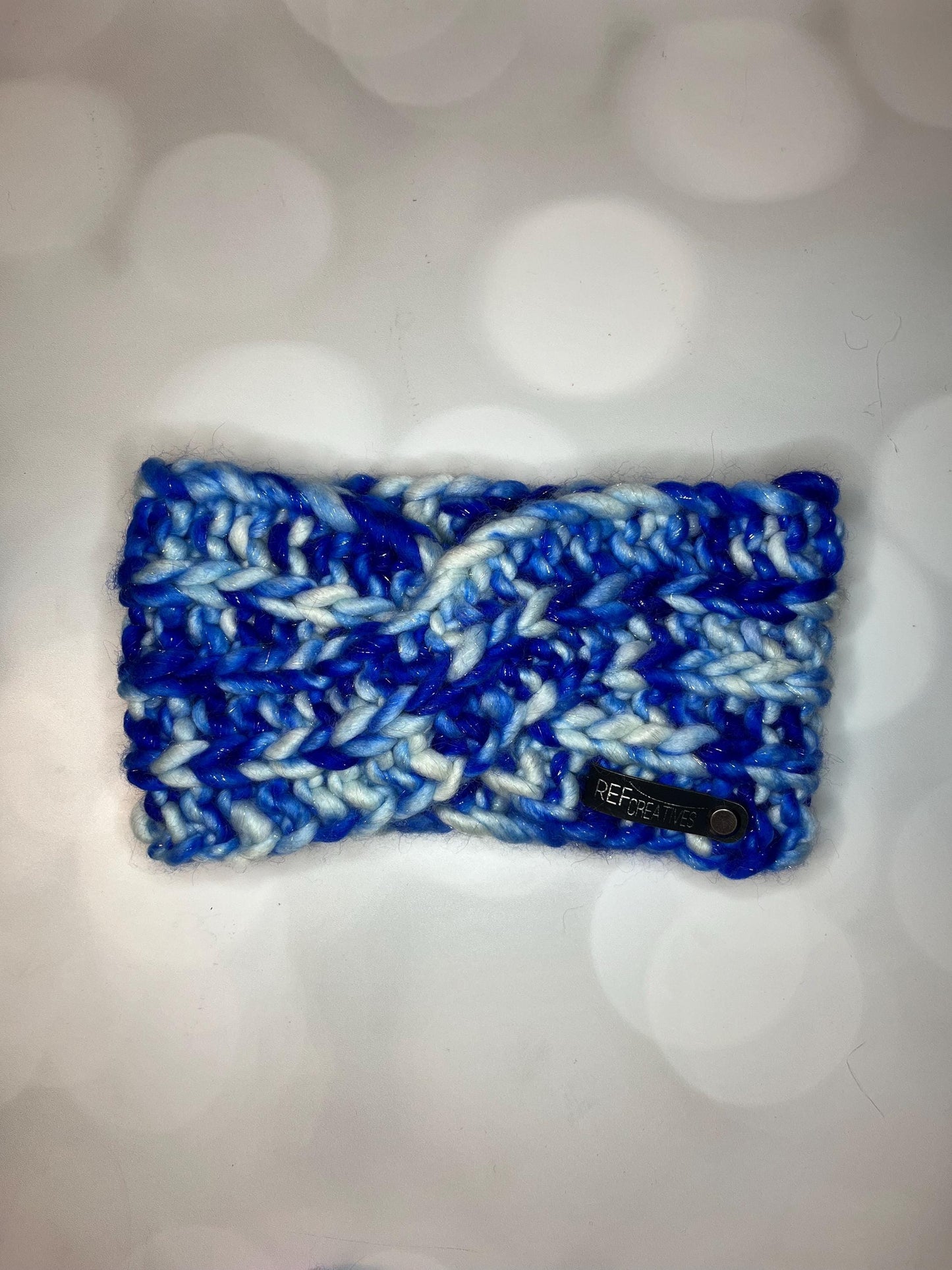 Luxury Sparkly Blue and White Hand Knit Ear Warmer with Hand Dyed Yarn