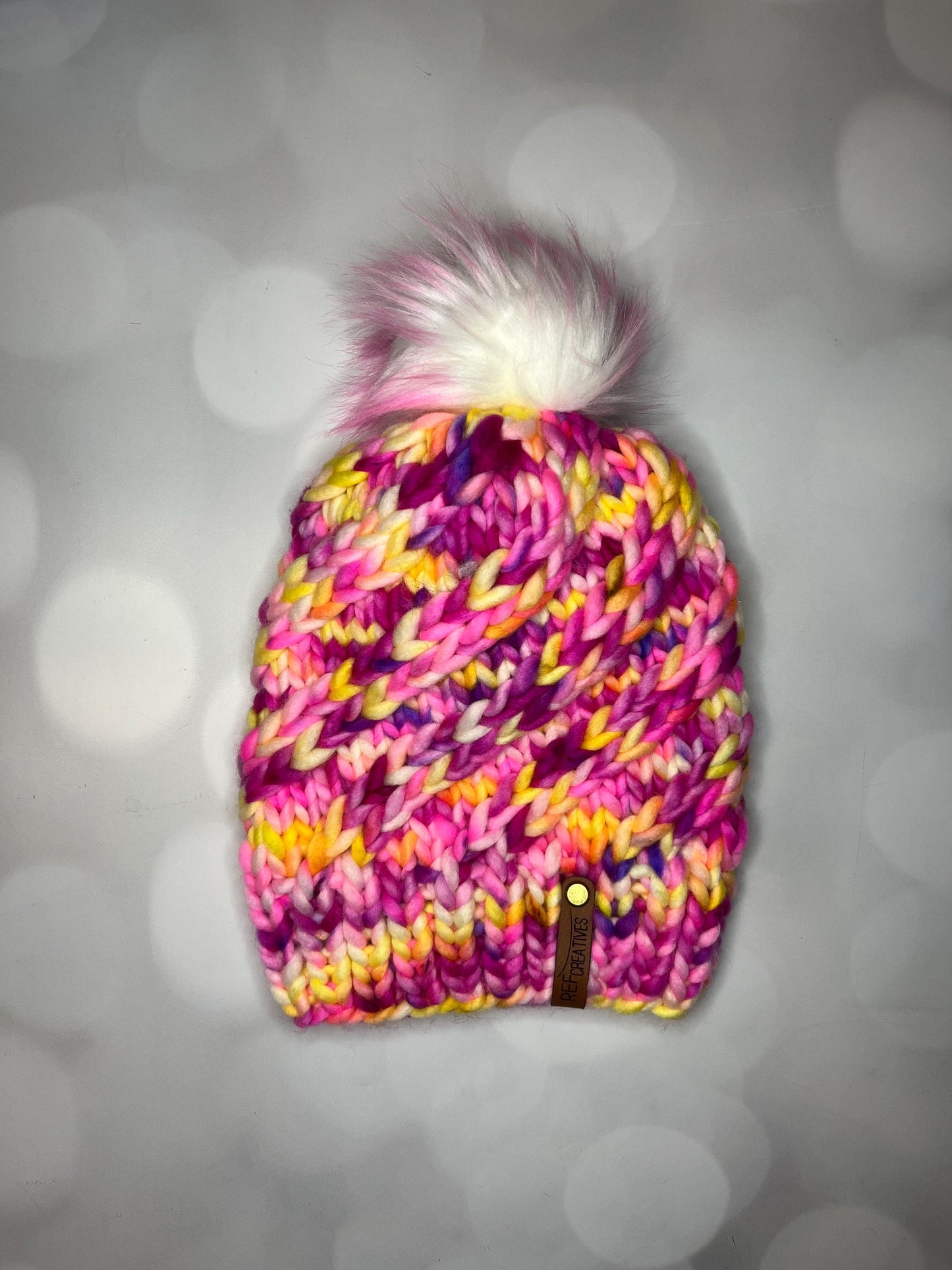 Luxury Pink and Yellow Merino Wool Knit Hat - Vivid Sunset Swirls Hand Knit Hat with Hand Dyed Yarn