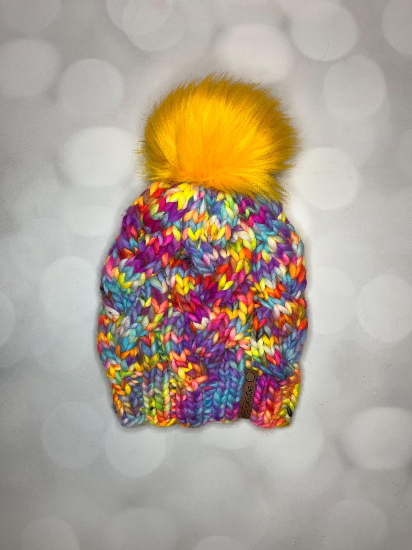 Luxury Neon Rainbow Cabled Merino Wool Knit Hat - Monster Cables Hand Knit Hat with Hand Dyed Yarn