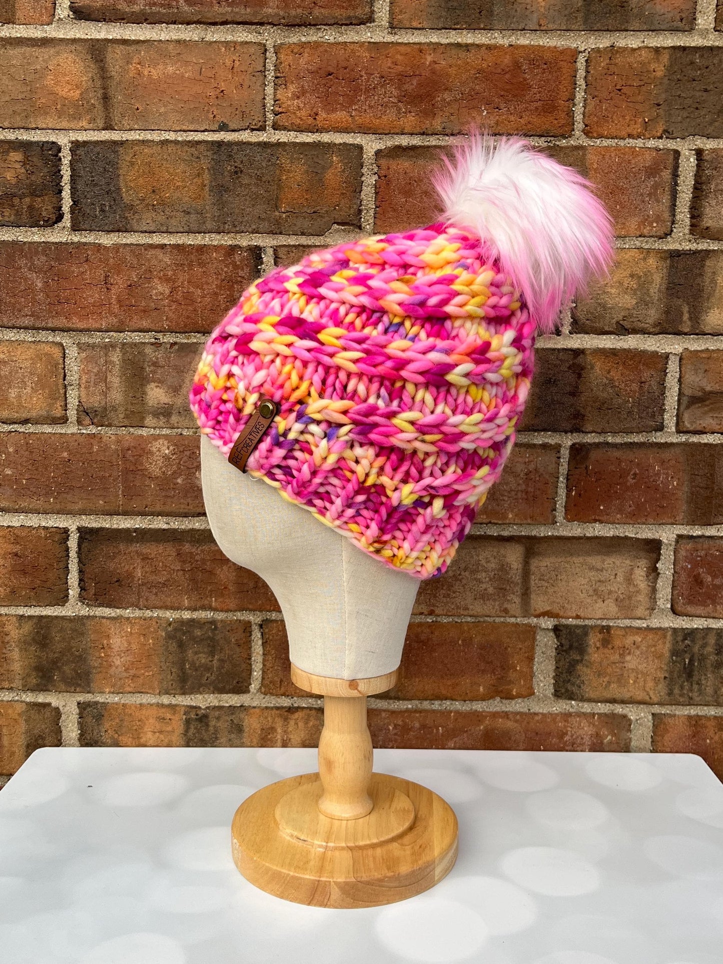Luxury Pink and Yellow Merino Wool Knit Hat - Vivid Sunset Swirls Hand Knit Hat with Hand Dyed Yarn