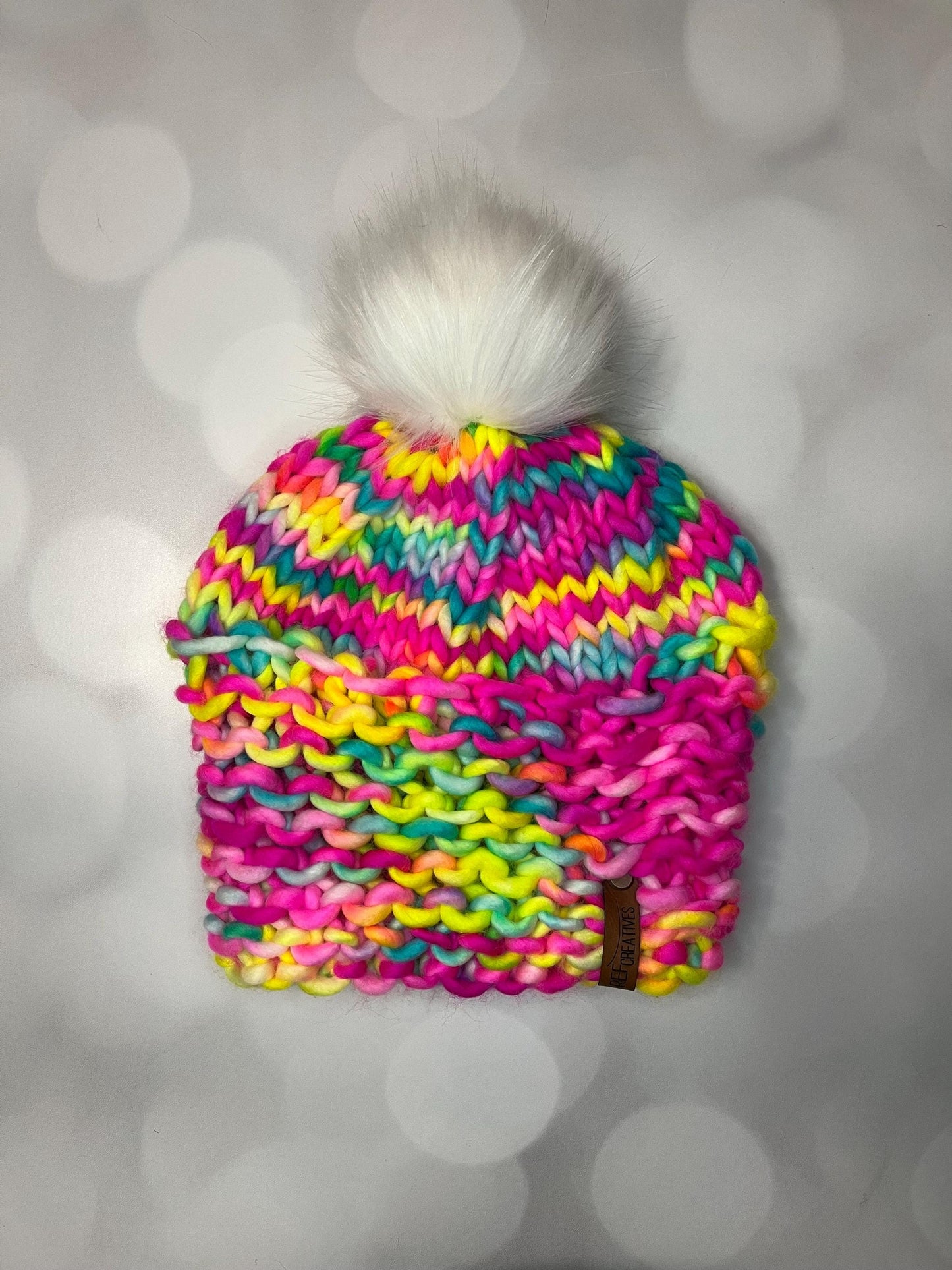 Neon Pink Yellow Blue Rivulet Hand Knit Hat with Hand Dyed Yarn