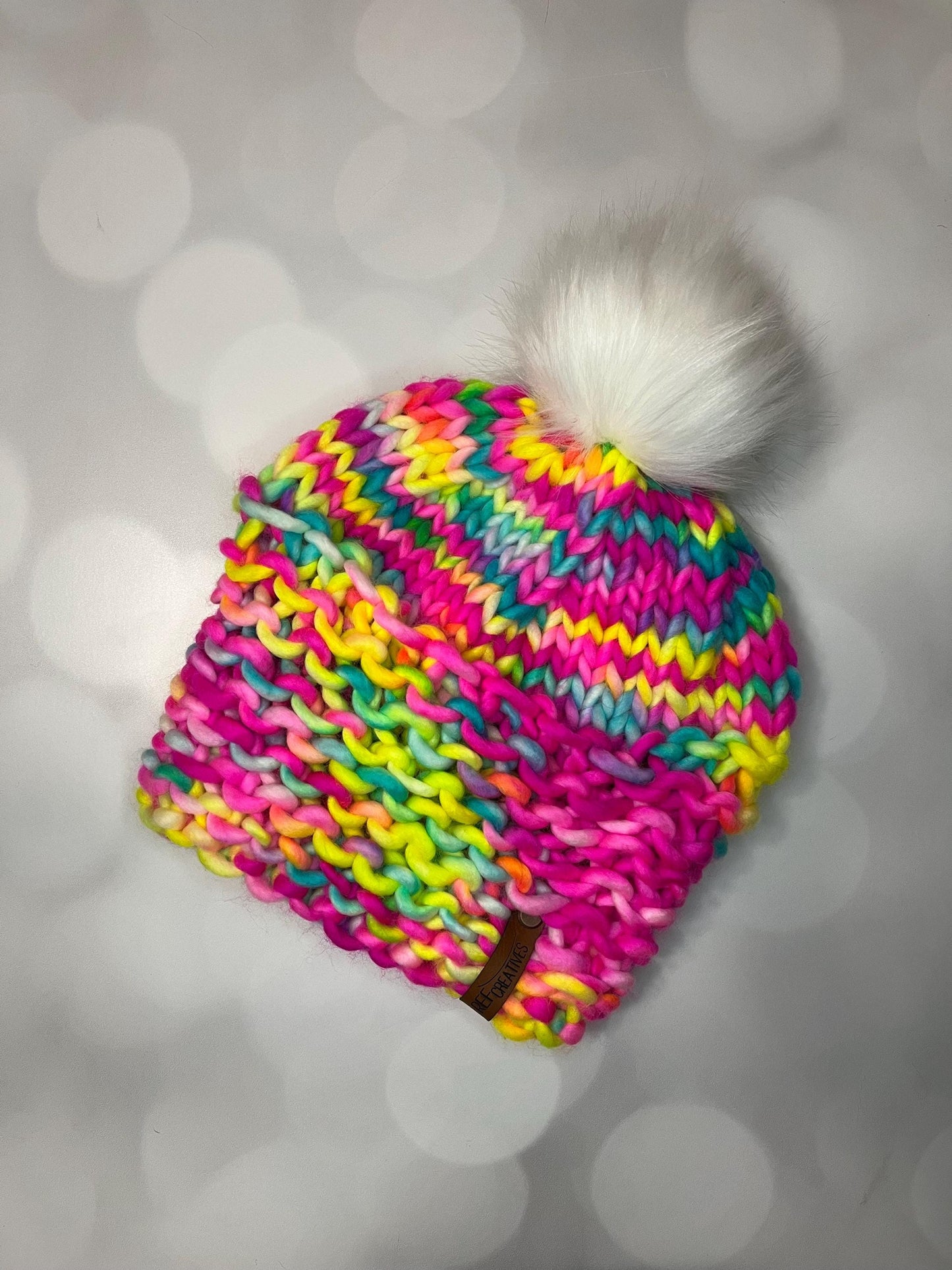 Neon Pink Yellow Blue Rivulet Hand Knit Hat with Hand Dyed Yarn