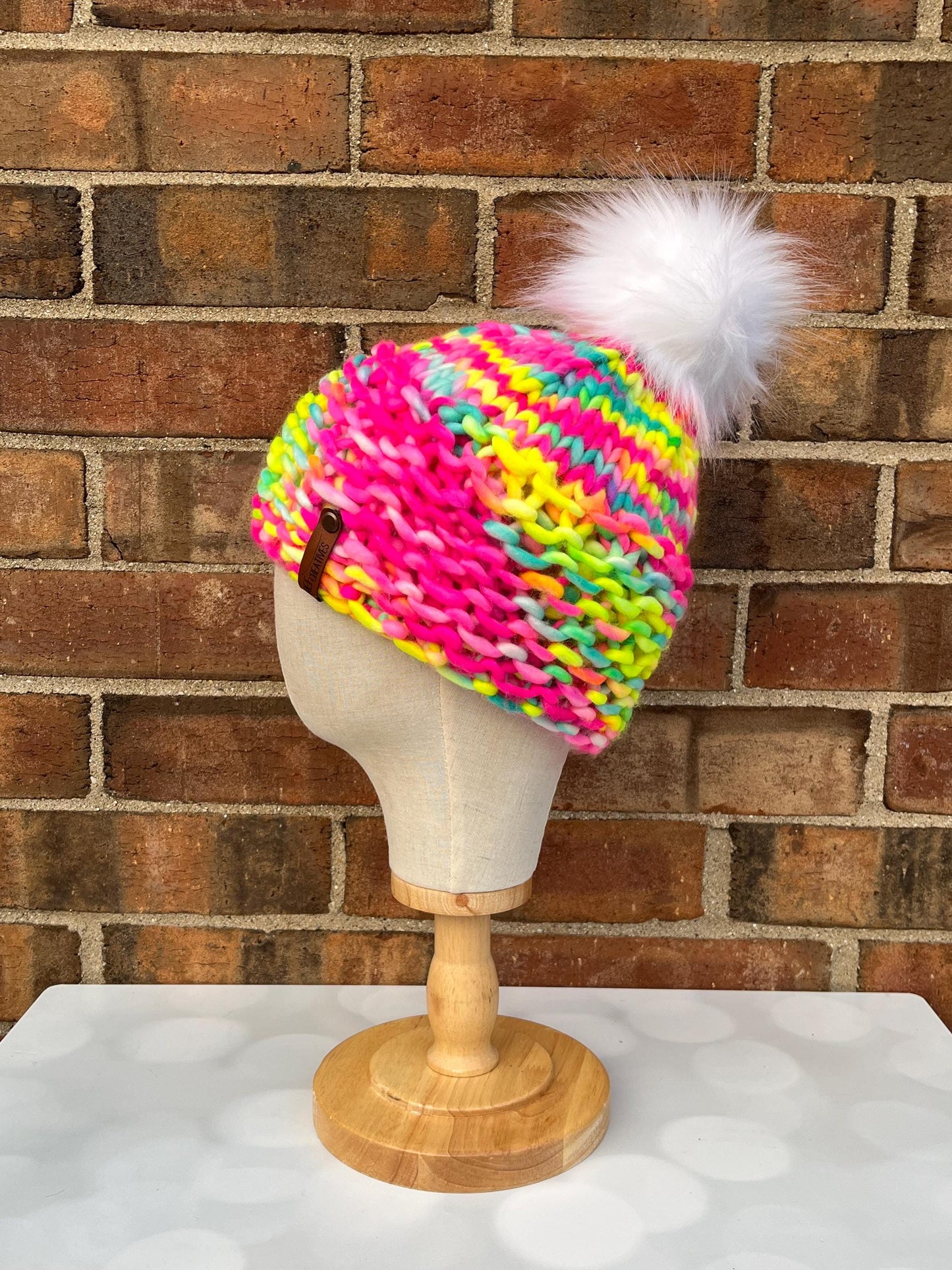 Neon Pink Yellow Blue Rivulet Hand Knit Hat with Hand Dyed Yarn