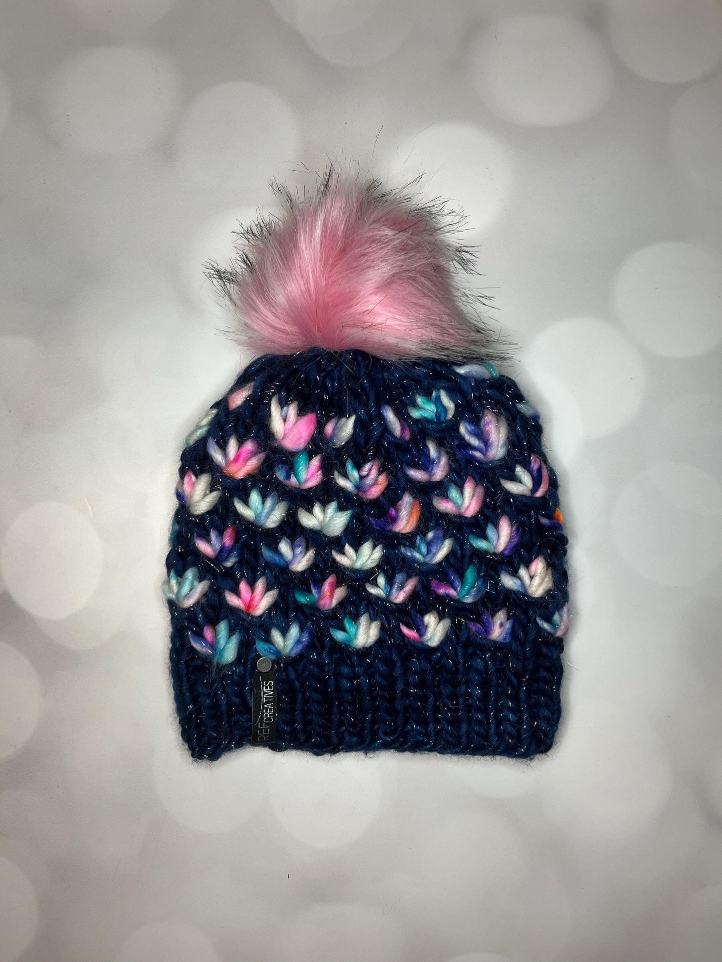 Luxury Blue Sparkle Merino Wool Knit Hat - Navy Pink Glitter Lotus Flower Beanie Hand Knit Hat with Hand Dyed Yarn