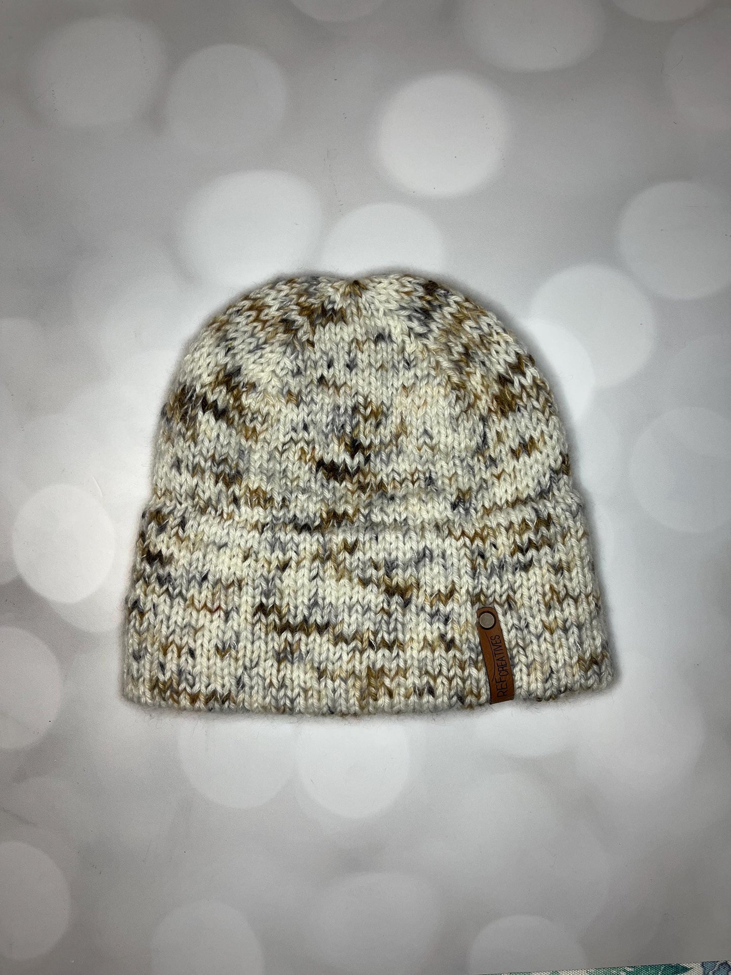 Luxury Neutral Double Brim Merino Wool Beanie - Fuzzy Brown Black Speckled Hand Knit Hat with Hand Dyed Yarn