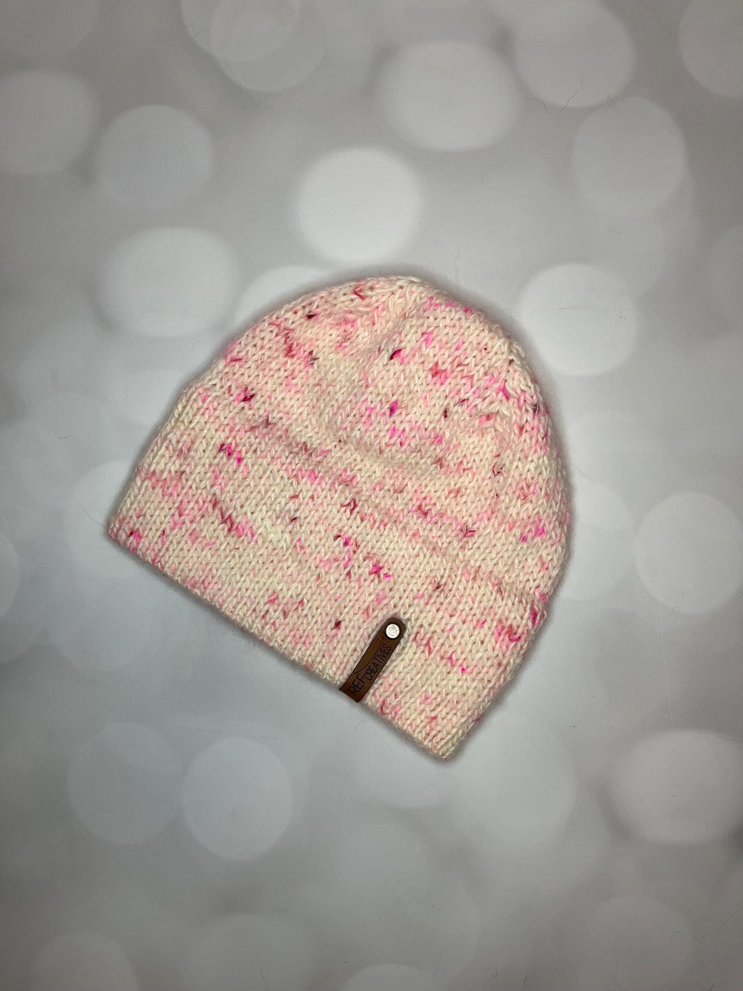 Luxury White and Pink Double Brim Merino Wool Beanie - Fuzzy Pink Speckled Hand Knit Hat with Hand Dyed Yarn