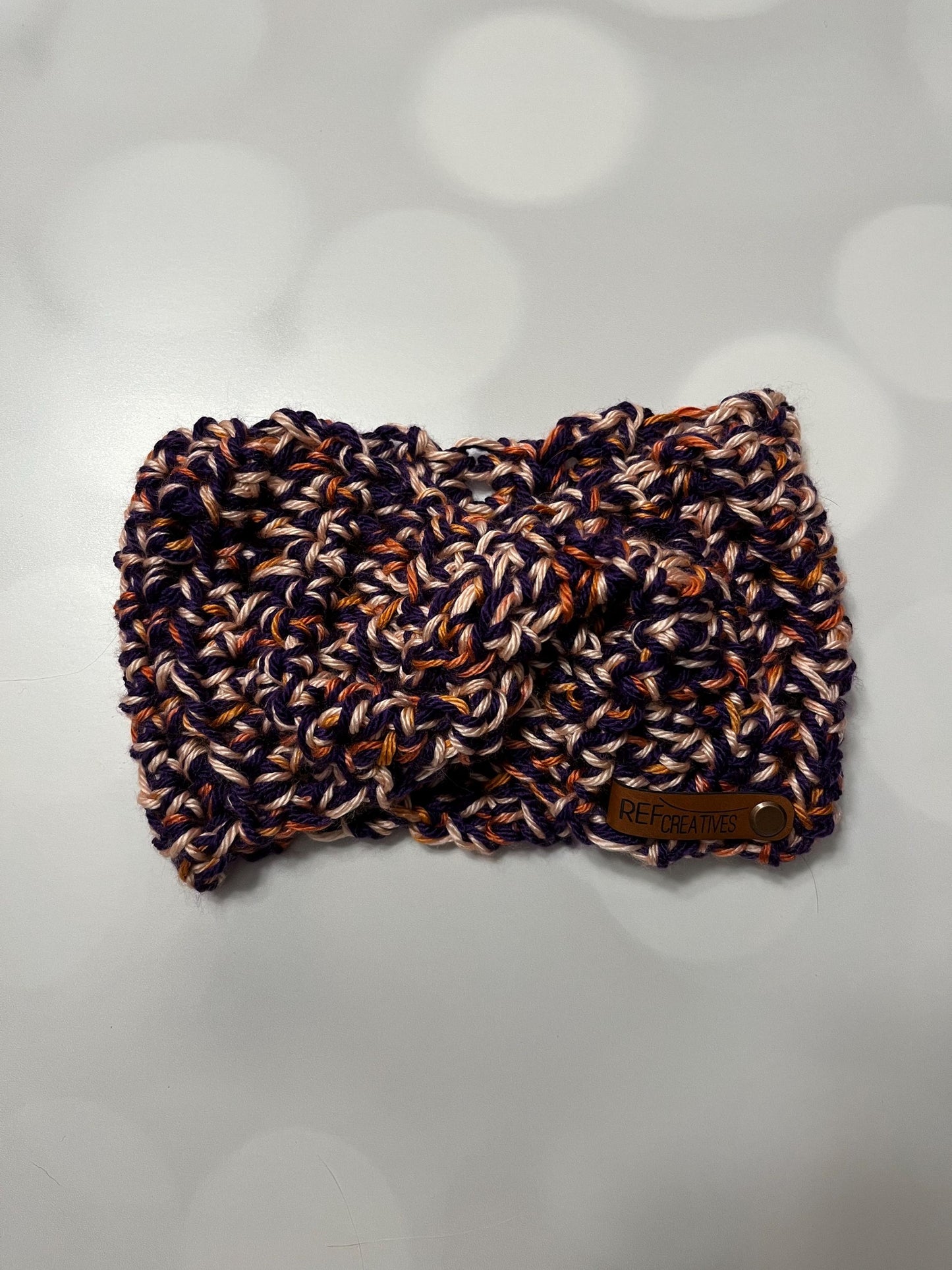 Purple and Coral Hand Crocheted Ear Warmer