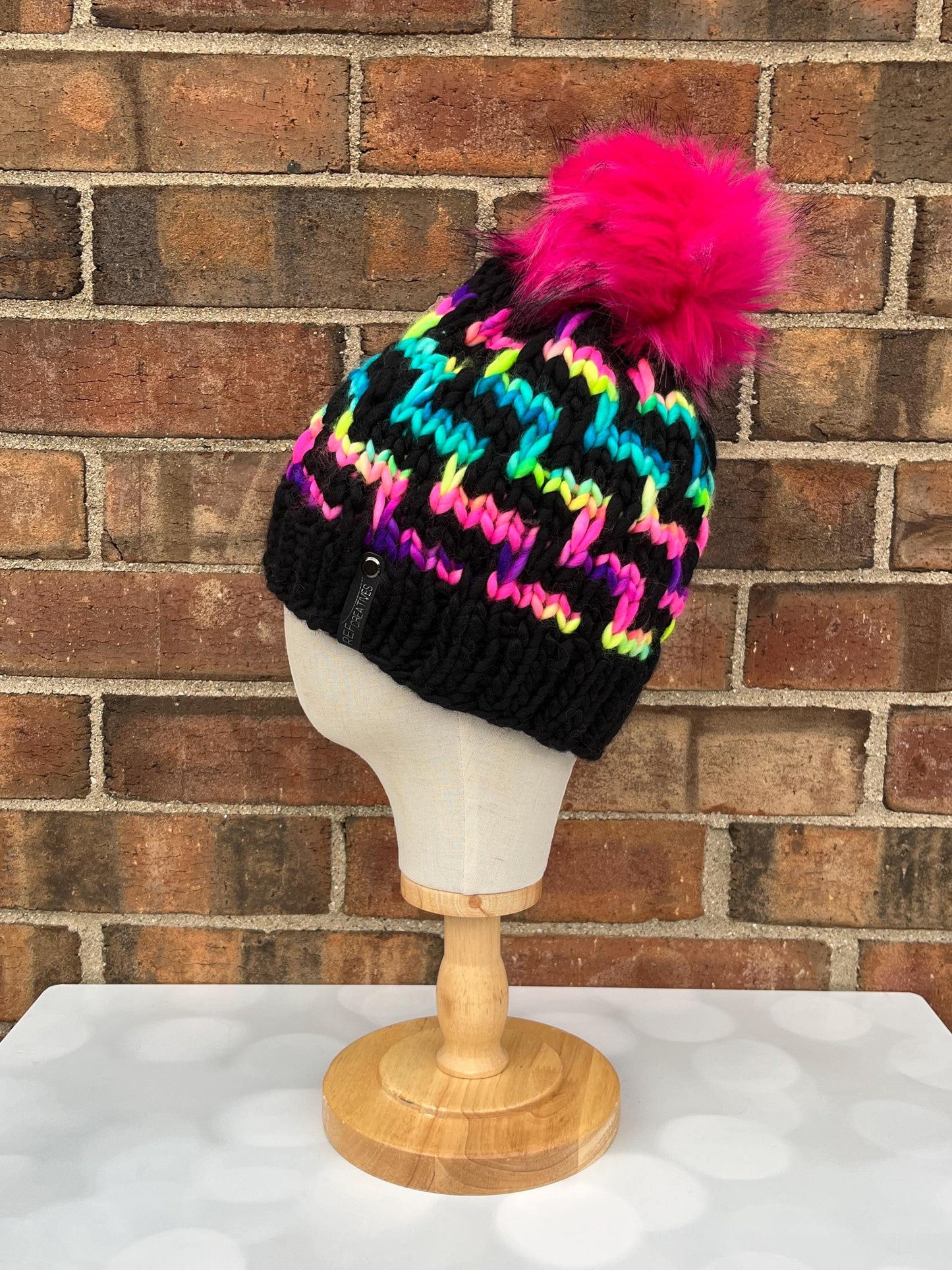 Luxury Black and Rainbow Merino Wool Knit Hat - Escalera Beanie Hand Knit Hat with Hand Dyed Yarn