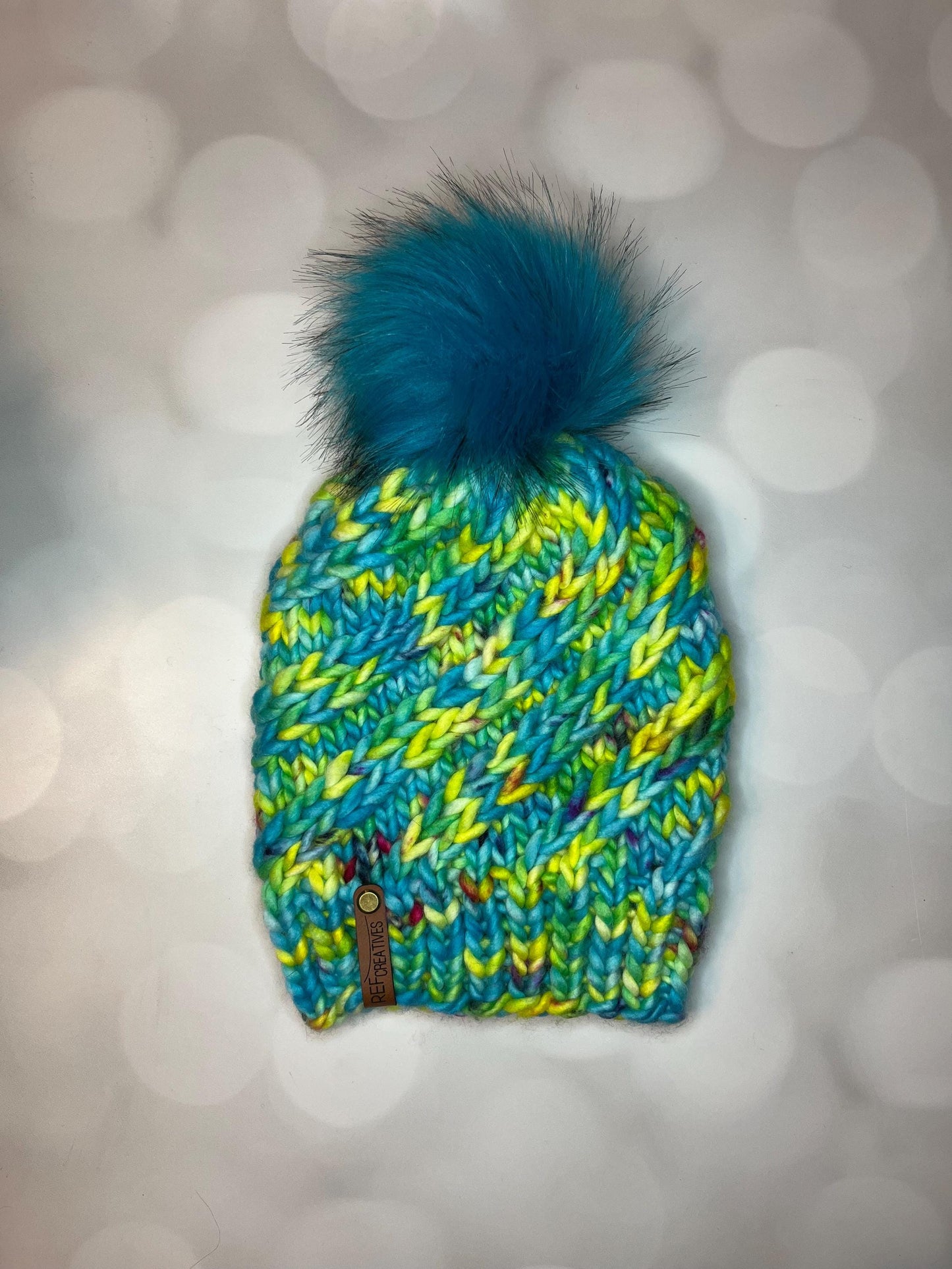 Luxury Blue Green Yellow Merino Wool Knit Hat - Tropical Beach Swirls Hand Knit Hat with Hand Dyed Yarn