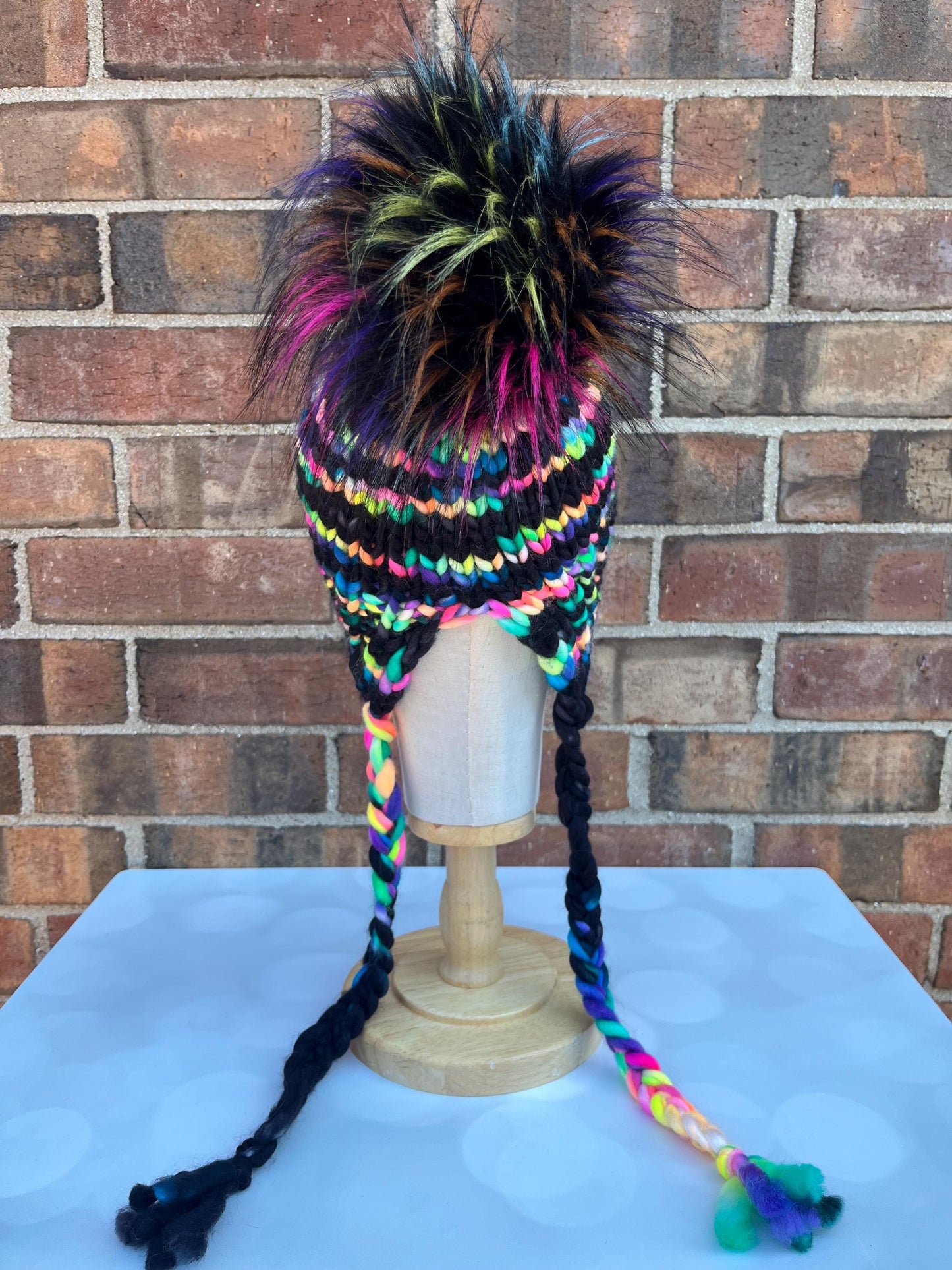 Luxury Black Neon Rainbow Split Brim Merino Wool Knit Hat - Bonnet Style Knit Hat with Hand Dyed Yarn