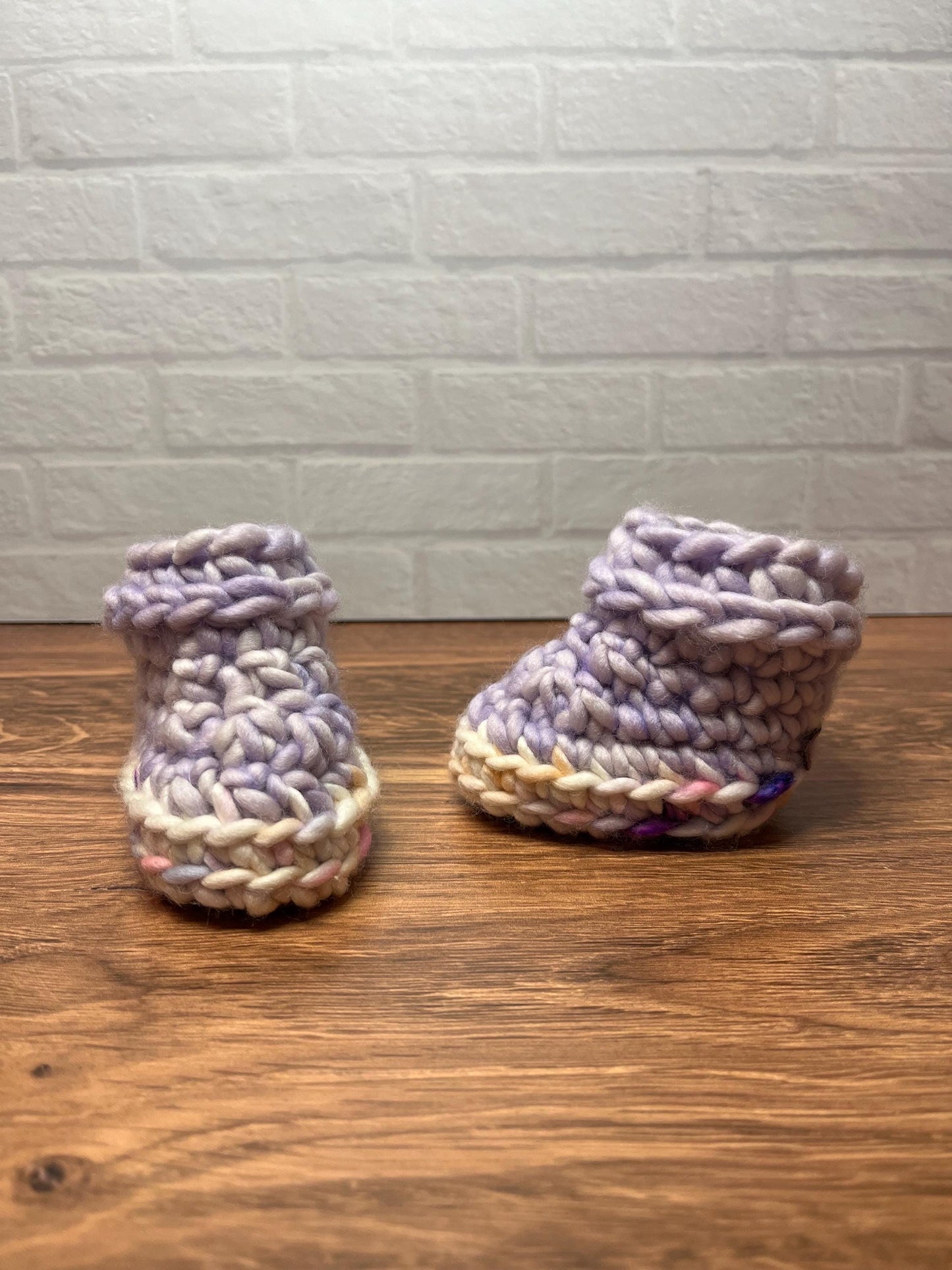 0-3 months - Luxury Purple “Hello I’m New Here” Merino Wool Crochet Baby Booties - Hand Crocheted Baby Booties with Hand Dyed Yarn