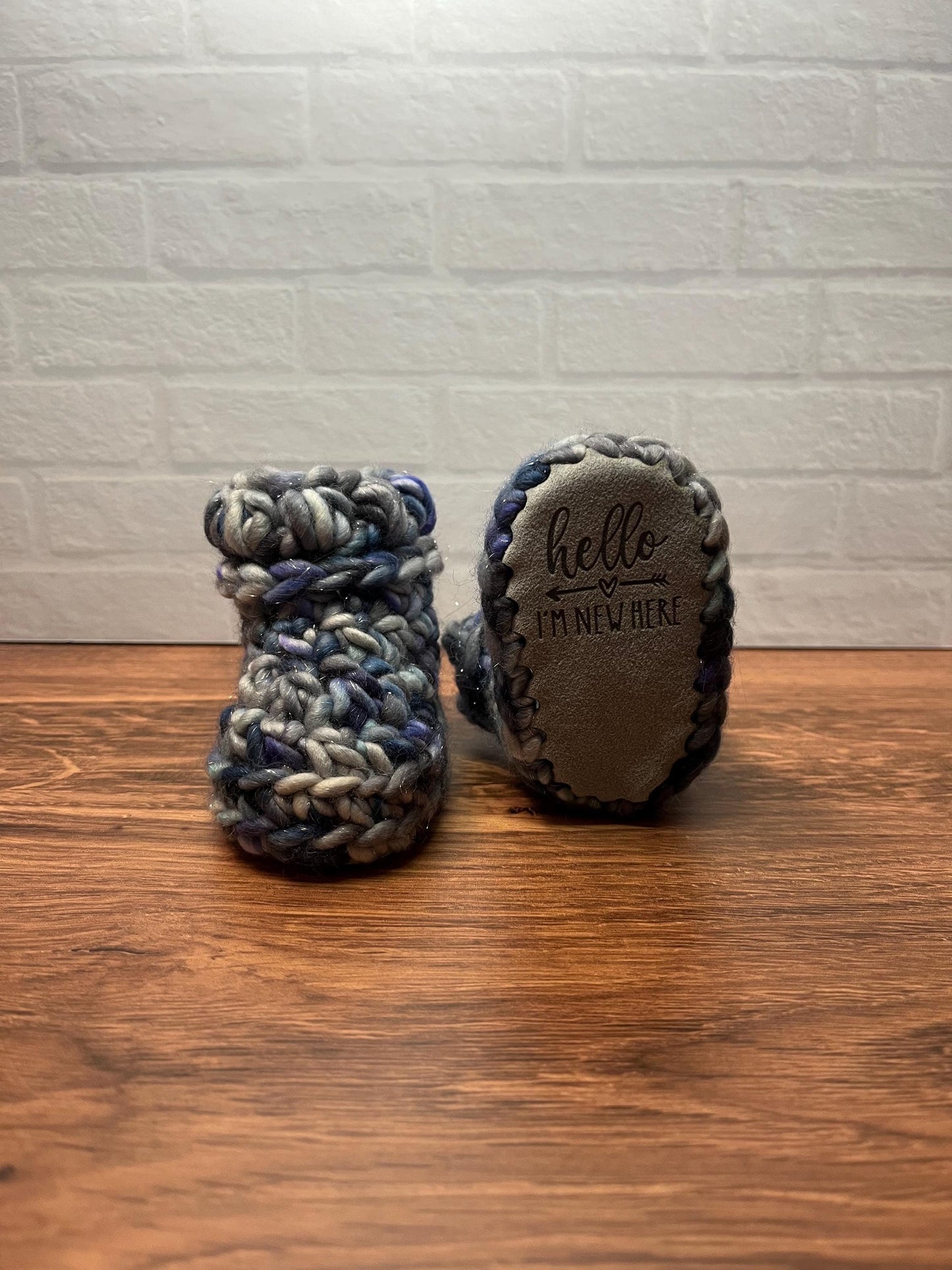 3-6 months - Luxury Sparkly Grey Blue “Hello I’m New Here” Merino Wool Crochet Baby Booties - Hand Crocheted Baby Booties w Hand Dyed Yarn