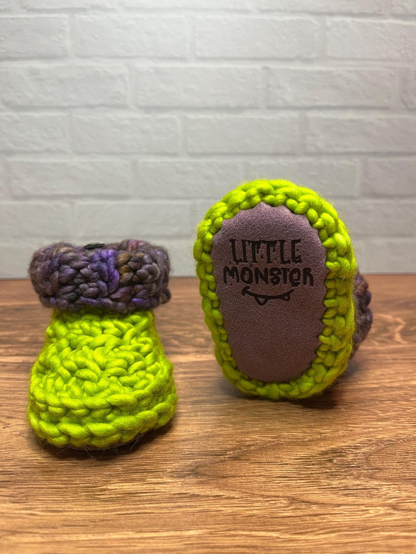 3-6 months - Luxury Green Purple “Little Monster” Merino Wool Crochet Baby Booties - Hand Crocheted Baby Booties with Hand Dyed Yarn