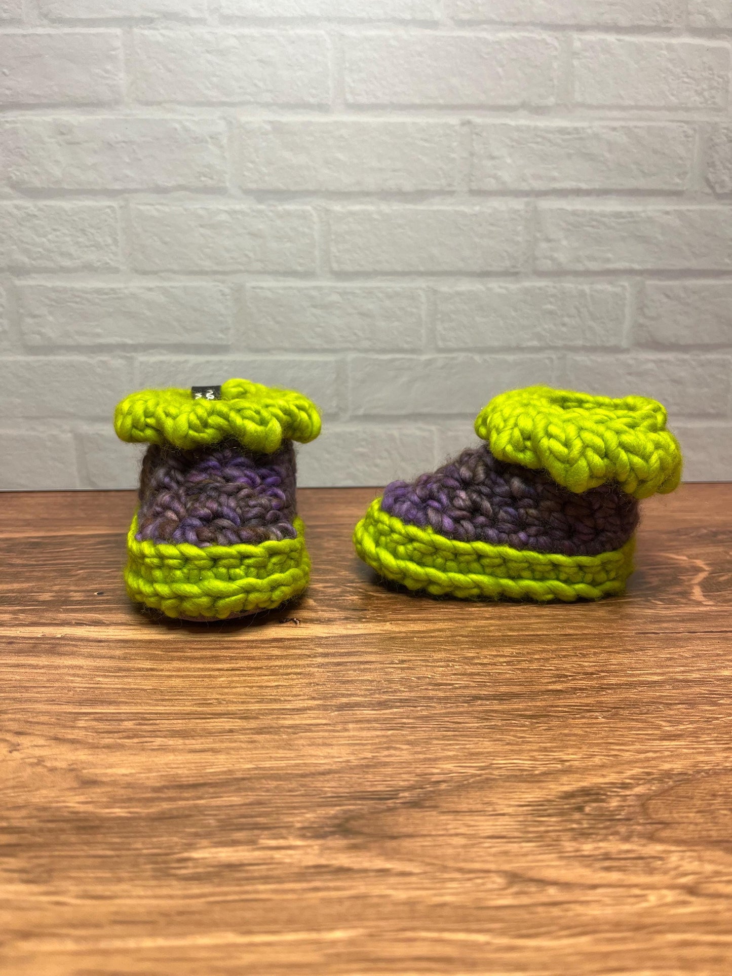 3-6 months - Luxury Green Purple “So Franken Cute” Merino Wool Crochet Baby Booties - Hand Crocheted Baby Booties with Hand Dyed Yarn