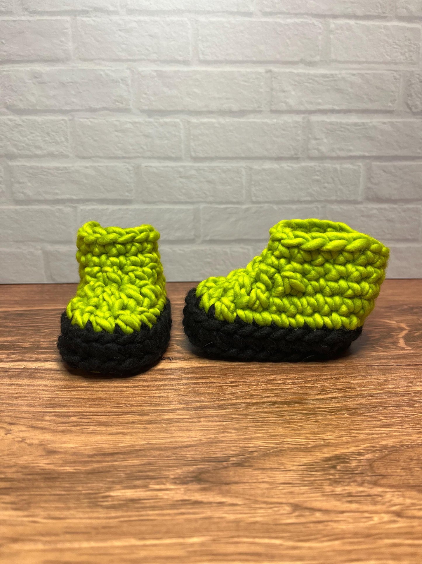 3-6 months - Luxury Green Black “Little Monster” Merino Wool Crochet Baby Booties - Hand Crocheted Baby Booties with Hand Dyed Yarn