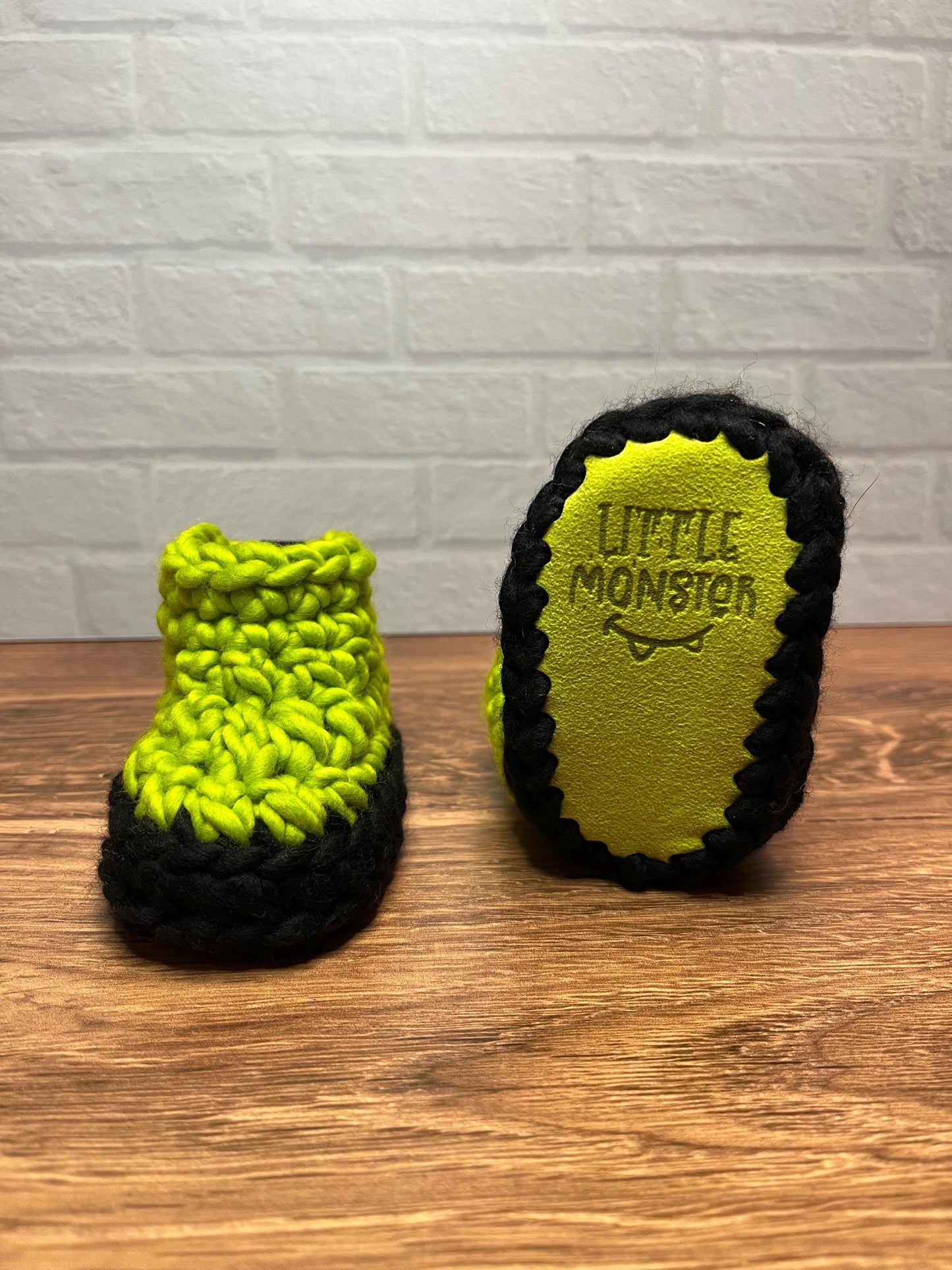 3-6 months - Luxury Green Black “Little Monster” Merino Wool Crochet Baby Booties - Hand Crocheted Baby Booties with Hand Dyed Yarn