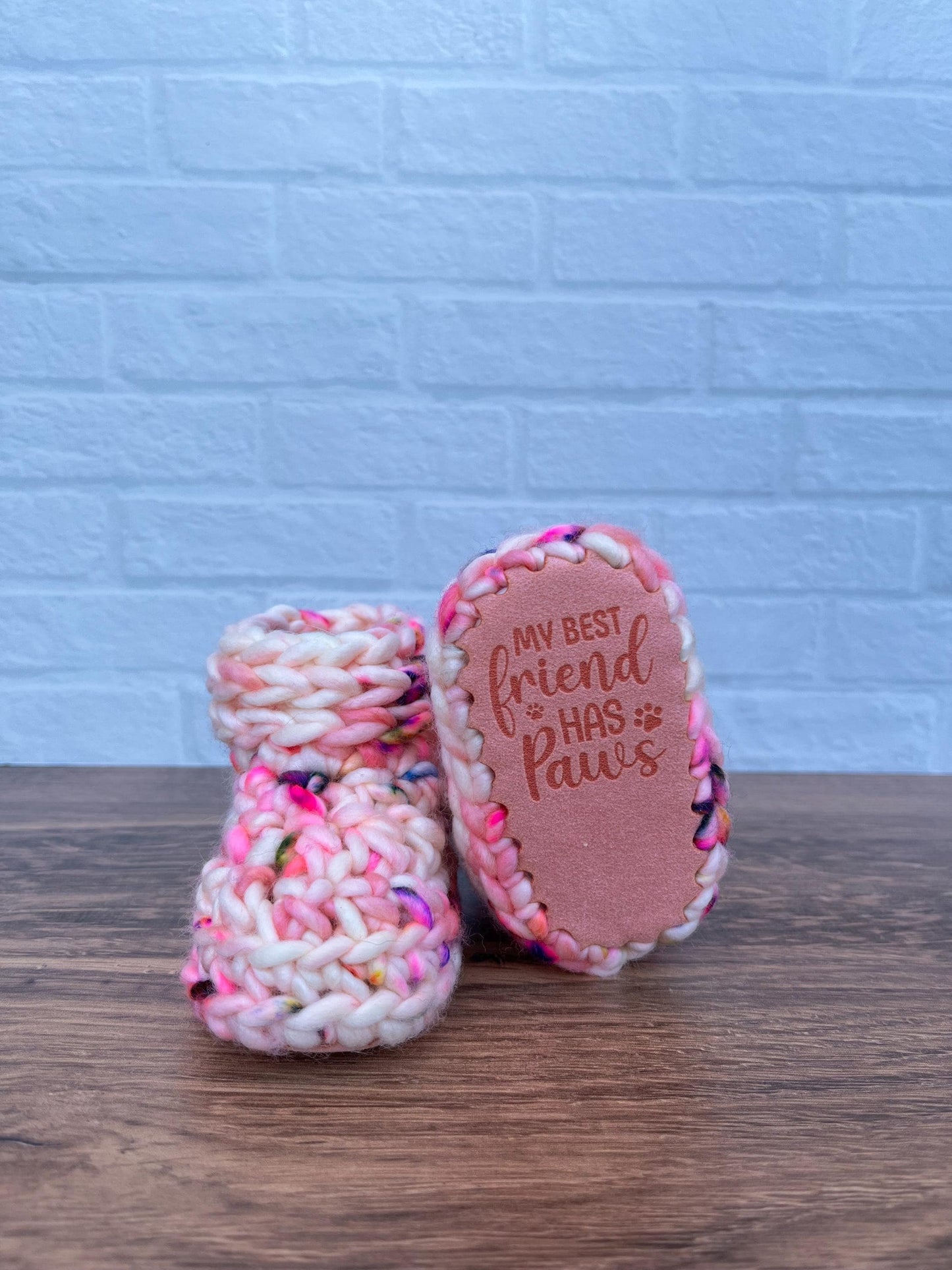 3-6 months - Luxury Pink “My Best Friend Has Paws” Merino Wool Crochet Baby Booties - Hand Crocheted Baby Booties with Hand Dyed Yarn
