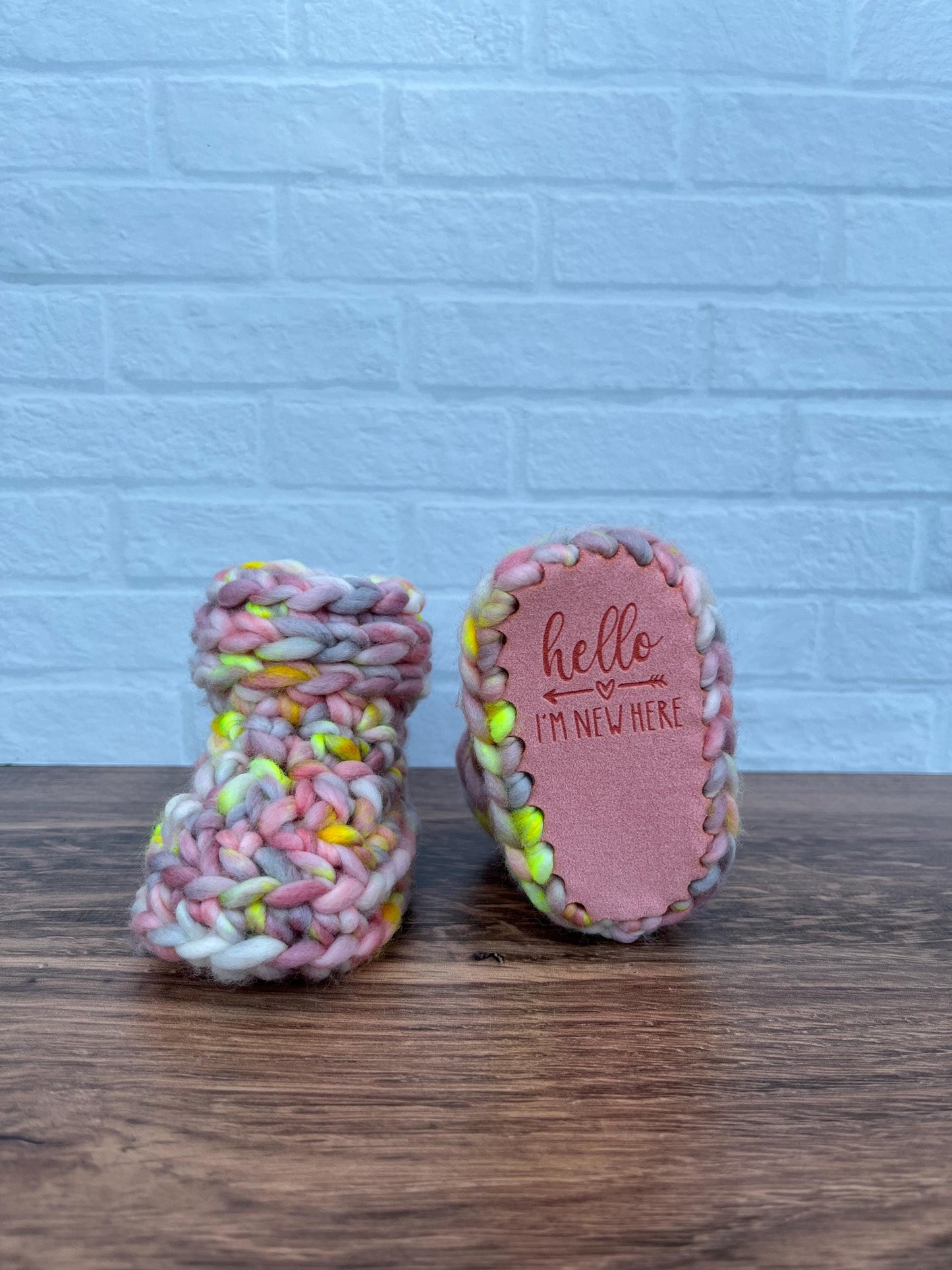 3-6 months - Luxury Pastel “Hello I’m New Here” Merino Wool Crochet Baby Booties - Hand Crocheted Baby Booties with Hand Dyed Yarn