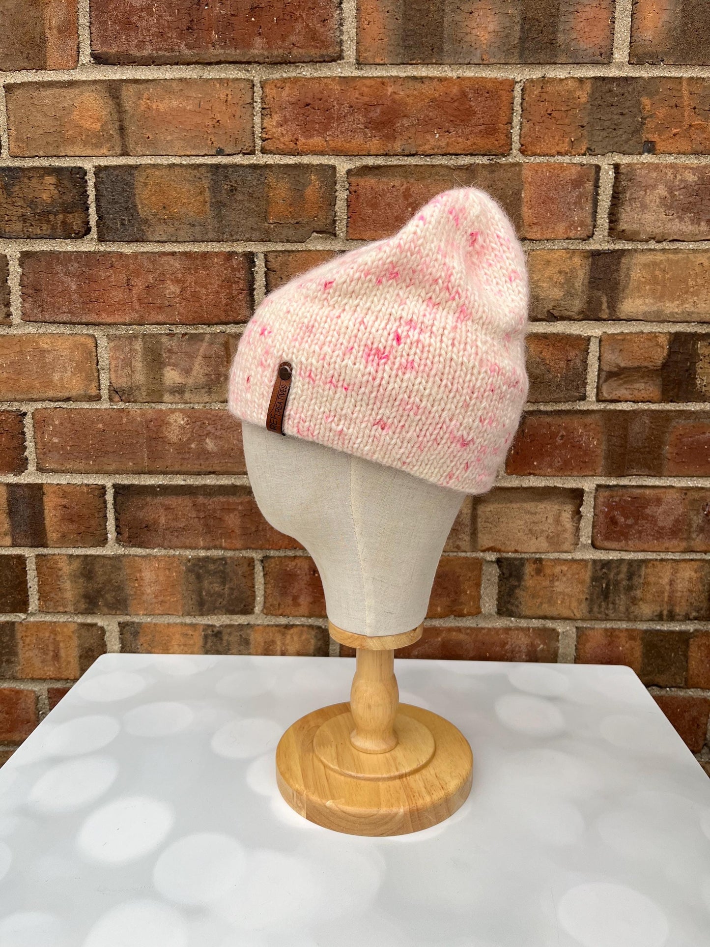Luxury White and Pink Double Brim Merino Wool Beanie - Fuzzy Pink Speckled Hand Knit Hat with Hand Dyed Yarn