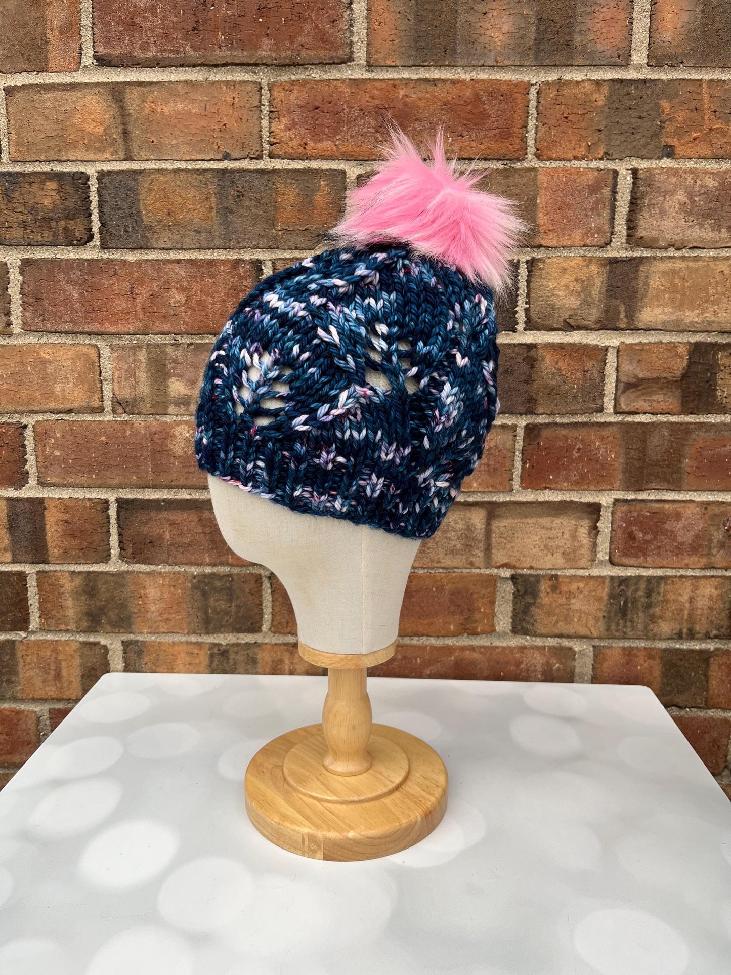 Luxury Navy Merino Wool Knit Hat - Acadian Autumn Leaves Hand Knit Hat with Hand Dyed Yarn