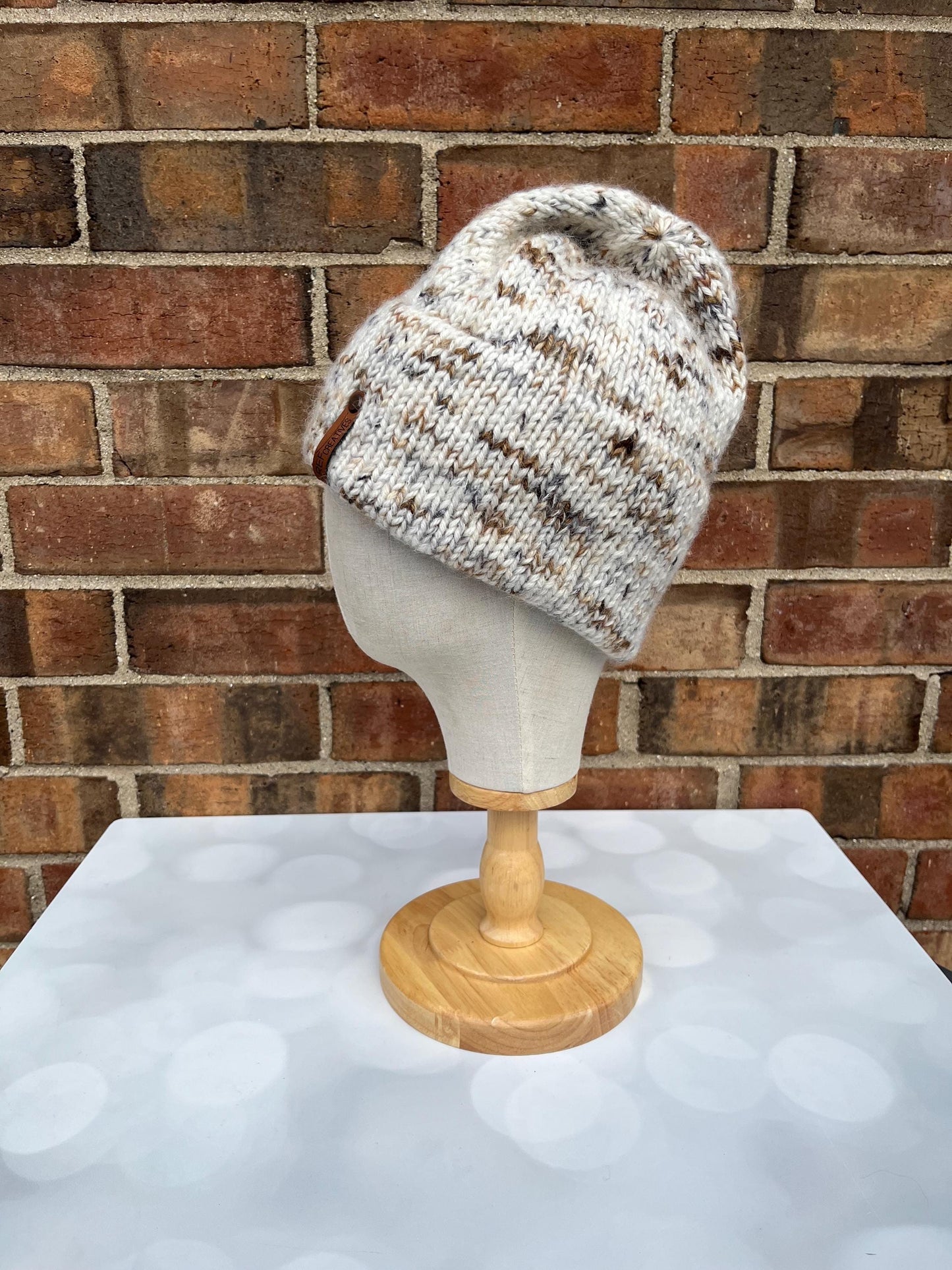 Luxury Neutral Double Brim Merino Wool Beanie - Fuzzy Brown Black Speckled Hand Knit Hat with Hand Dyed Yarn