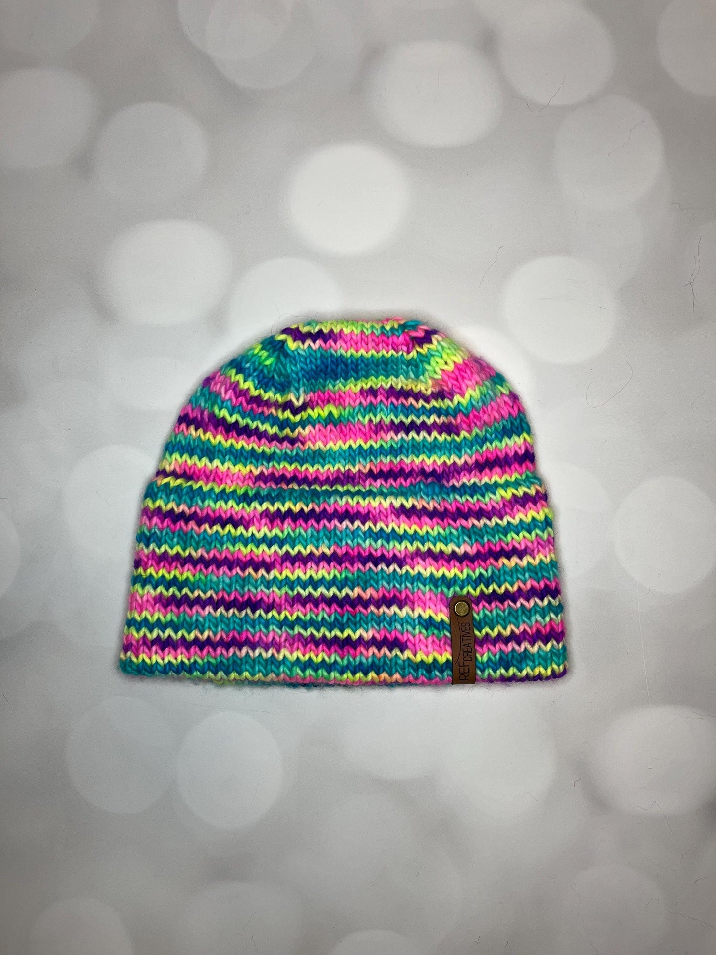 Luxury Rainbow Double Brim Merino Wool Beanie - Neon Striped Hand Knit Hat with Hand Dyed Yarn