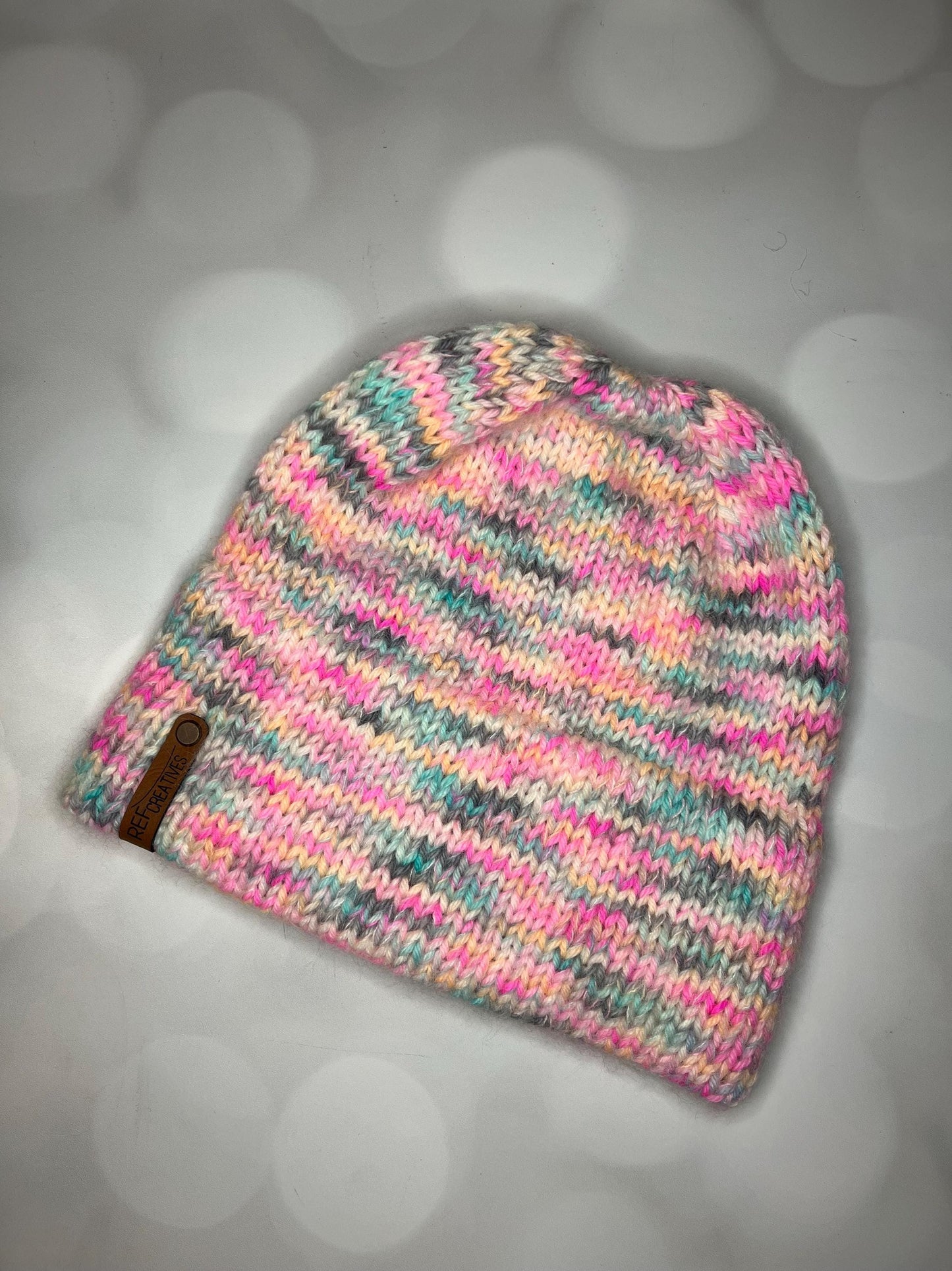 Luxury Pastel Brim Merino Wool Beanie - Fuzzy Pastel Beachy Colors Hand Knit Hat with Hand Dyed Yarn