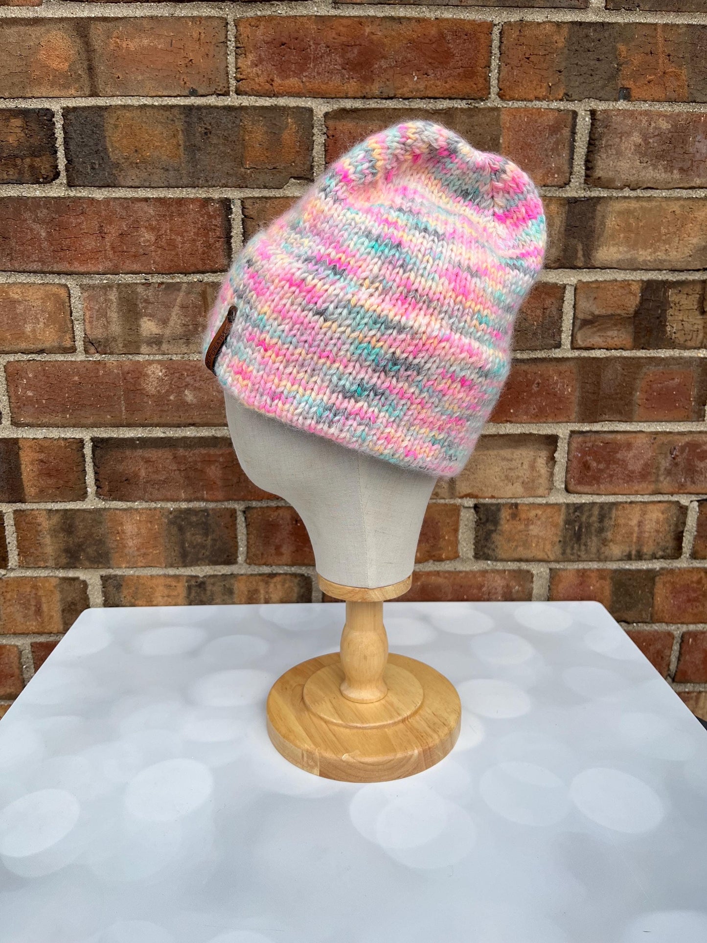 Luxury Pastel Brim Merino Wool Beanie - Fuzzy Pastel Beachy Colors Hand Knit Hat with Hand Dyed Yarn