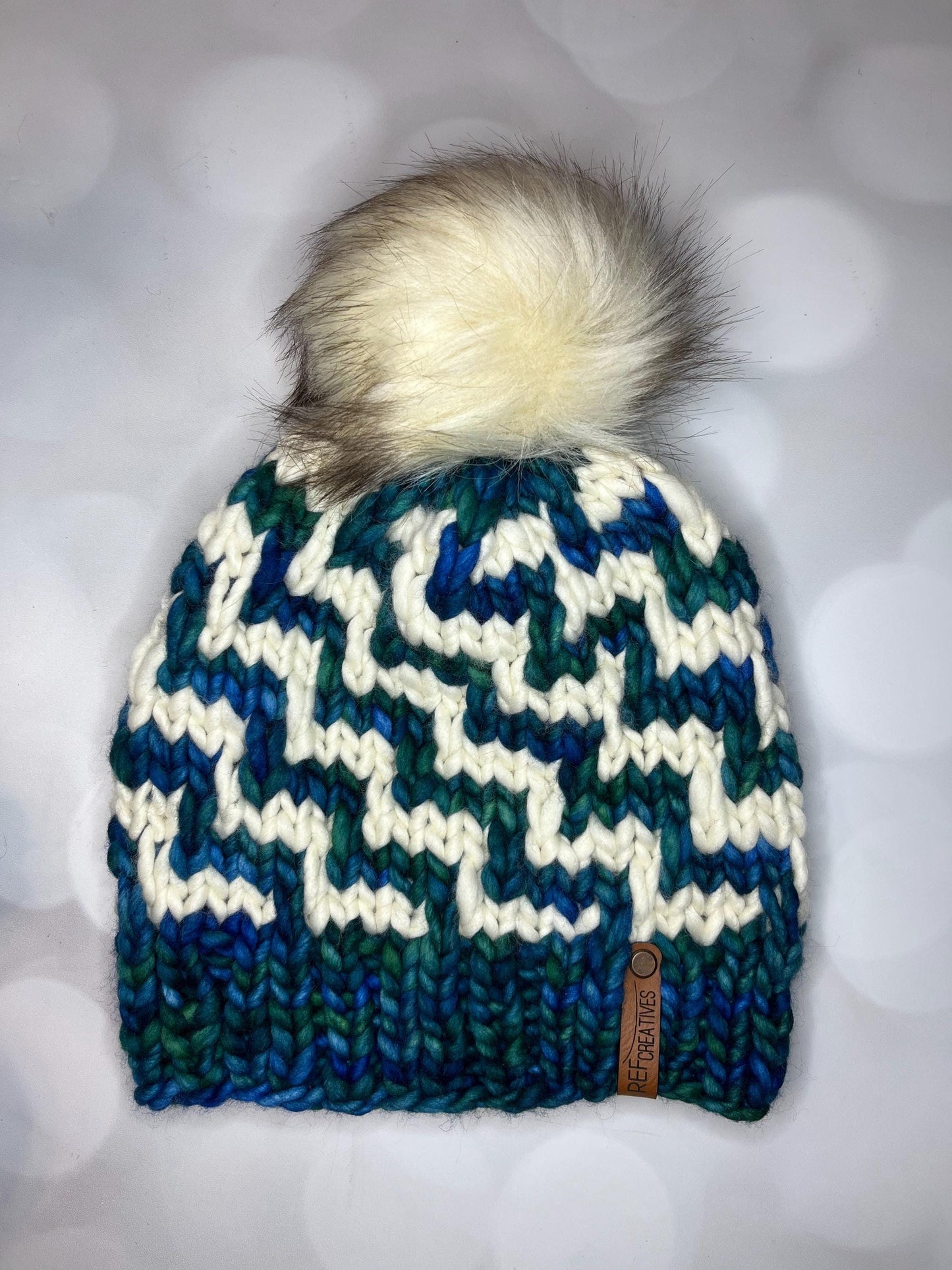 Luxury Teal and White Merino Wool Knit Hat - Escalera Beanie Hand Knit Hat with Hand Dyed Yarn