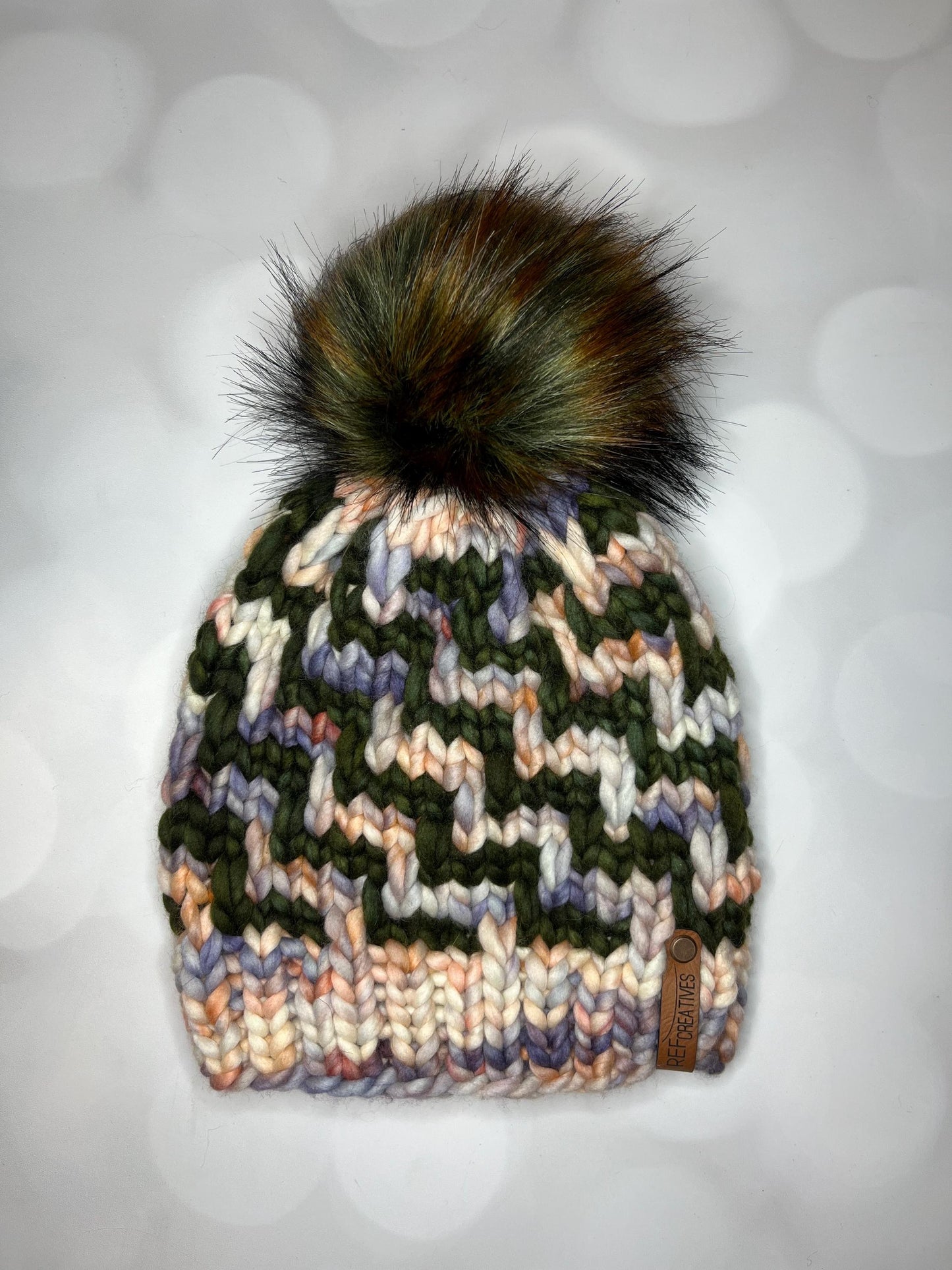 Luxury Olive Salmon Grey Merino Wool Knit Hat - Escalera Beanie Hand Knit Hat with Hand Dyed Yarn