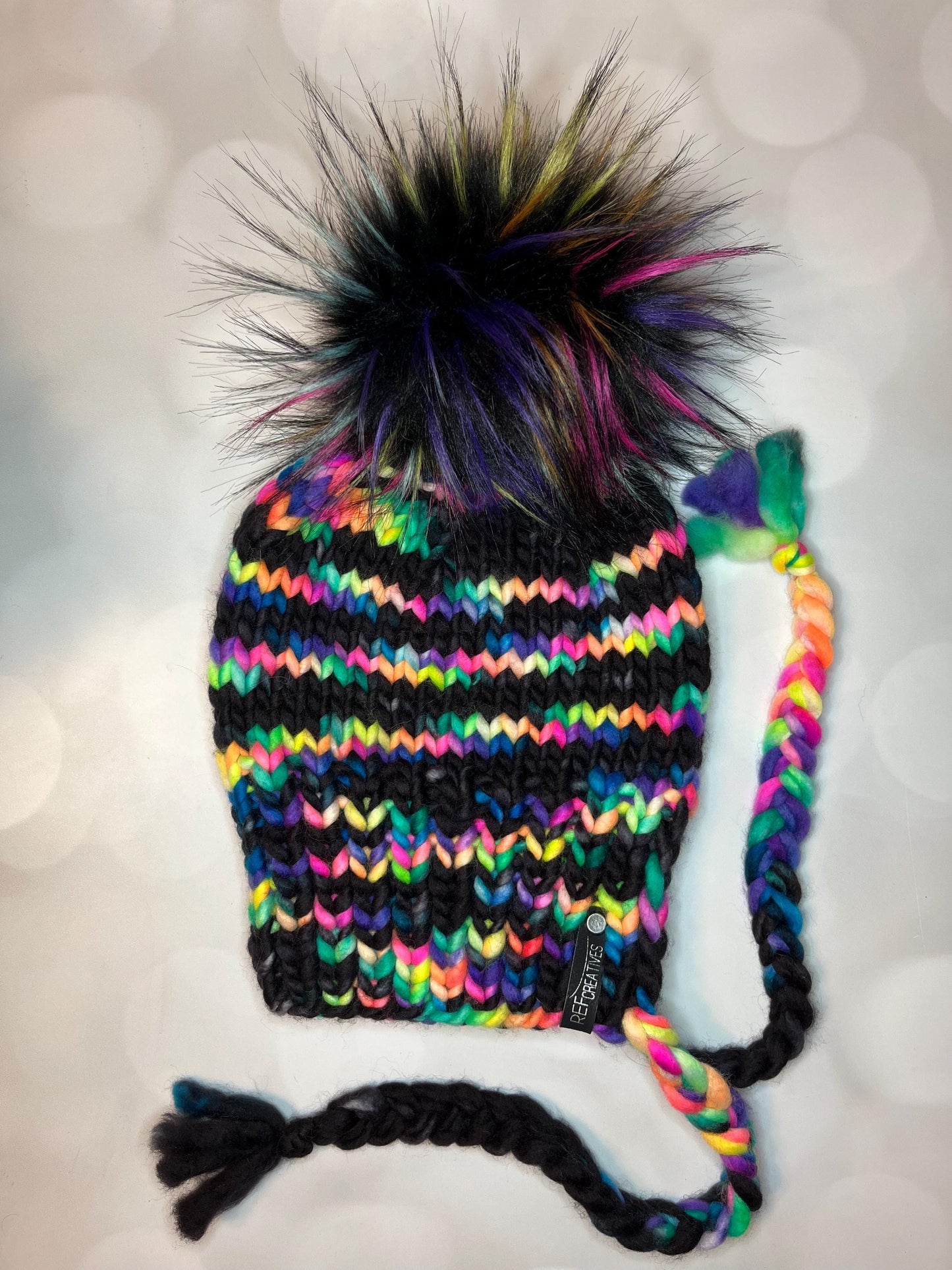 Luxury Black Neon Rainbow Split Brim Merino Wool Knit Hat - Bonnet Style Knit Hat with Hand Dyed Yarn