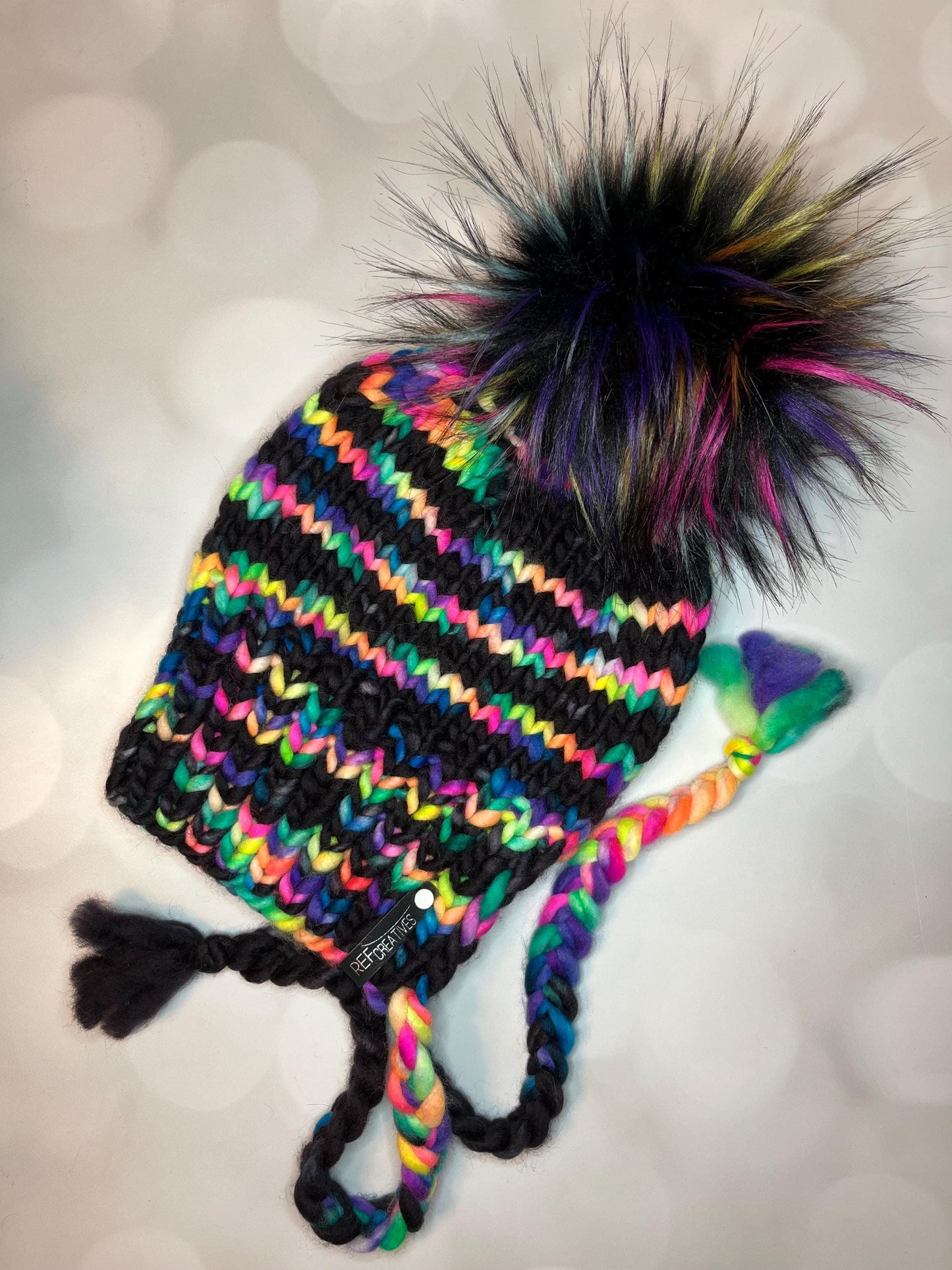 Luxury Black Neon Rainbow Split Brim Merino Wool Knit Hat - Bonnet Style Knit Hat with Hand Dyed Yarn