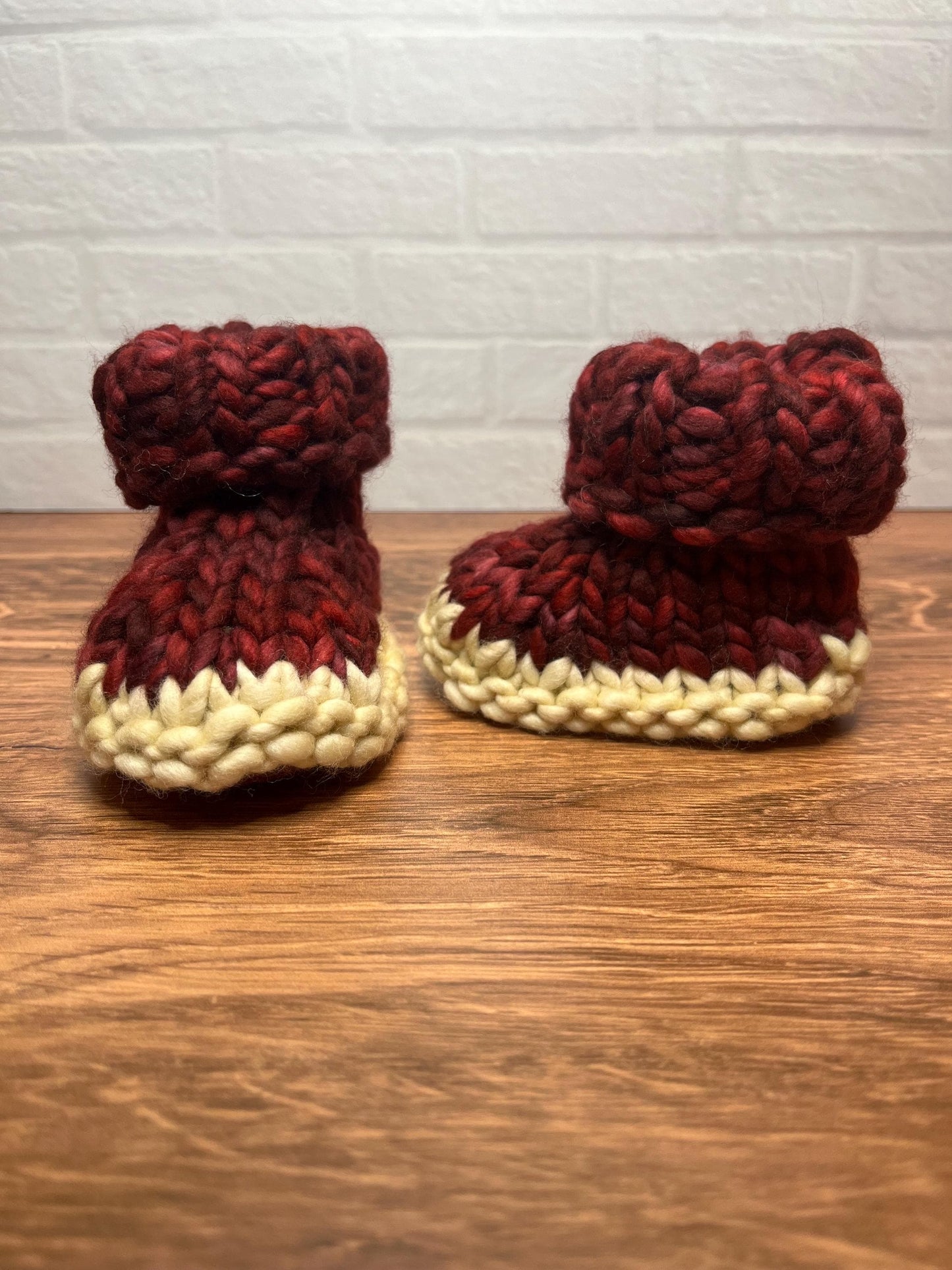 3-6 months - Luxury Red “Hello I’m New Here” Merino Wool Knit Baby Booties - Hand Knit Baby Booties with Hand Dyed Yarn