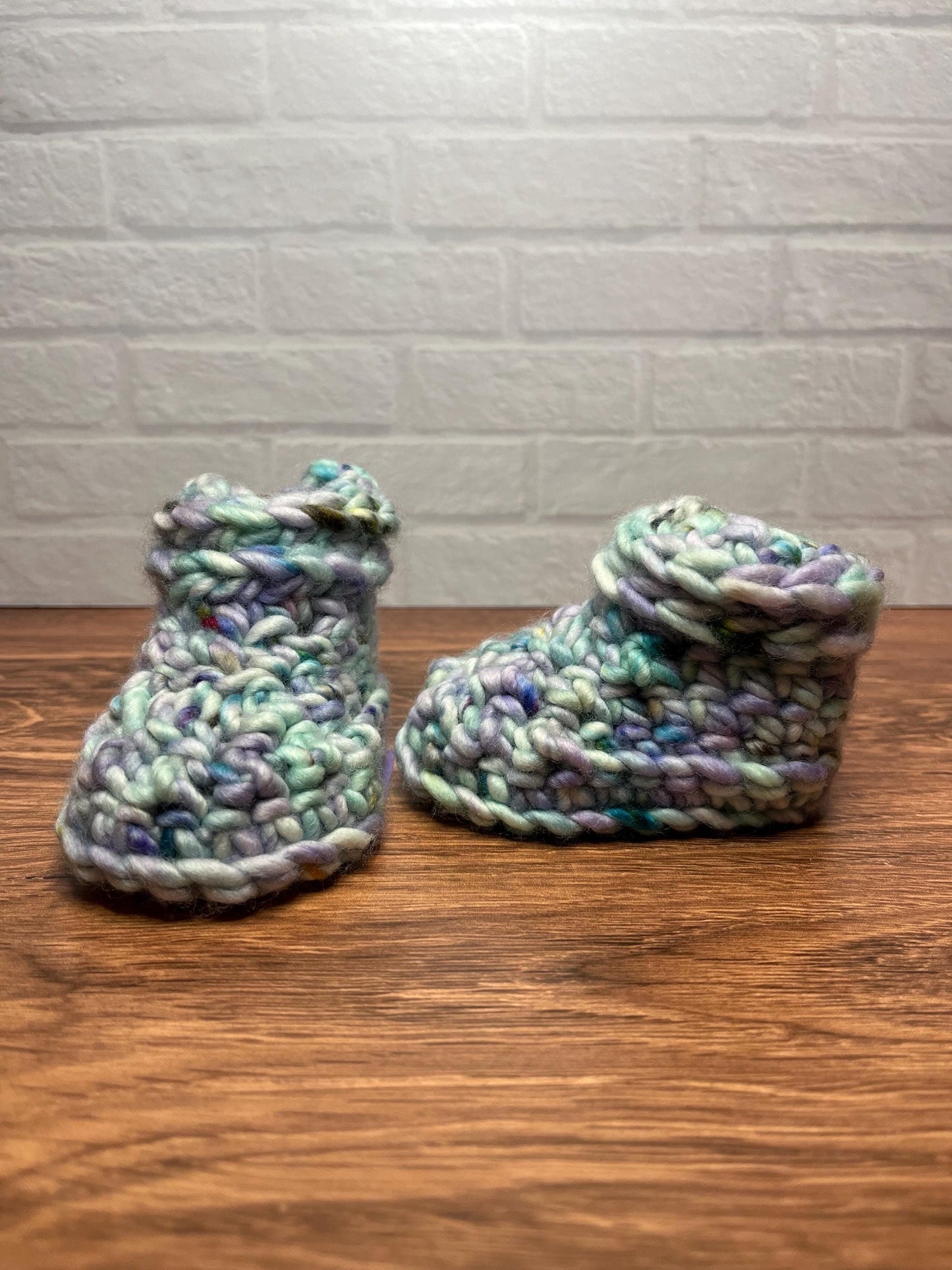 3-6 months - Luxury Green Purple “My First Easter” Merino Wool Crochet Baby Booties - Hand Crocheted Baby Booties with Hand Dyed Yarn