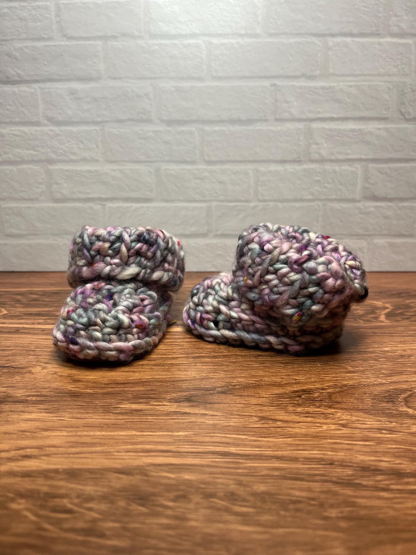 3-6 months - Luxury Purple Green “I’m Eggstremely Cute” Merino Wool Crochet Baby Booties - Hand Crocheted Baby Booties with Hand Dyed Yarn