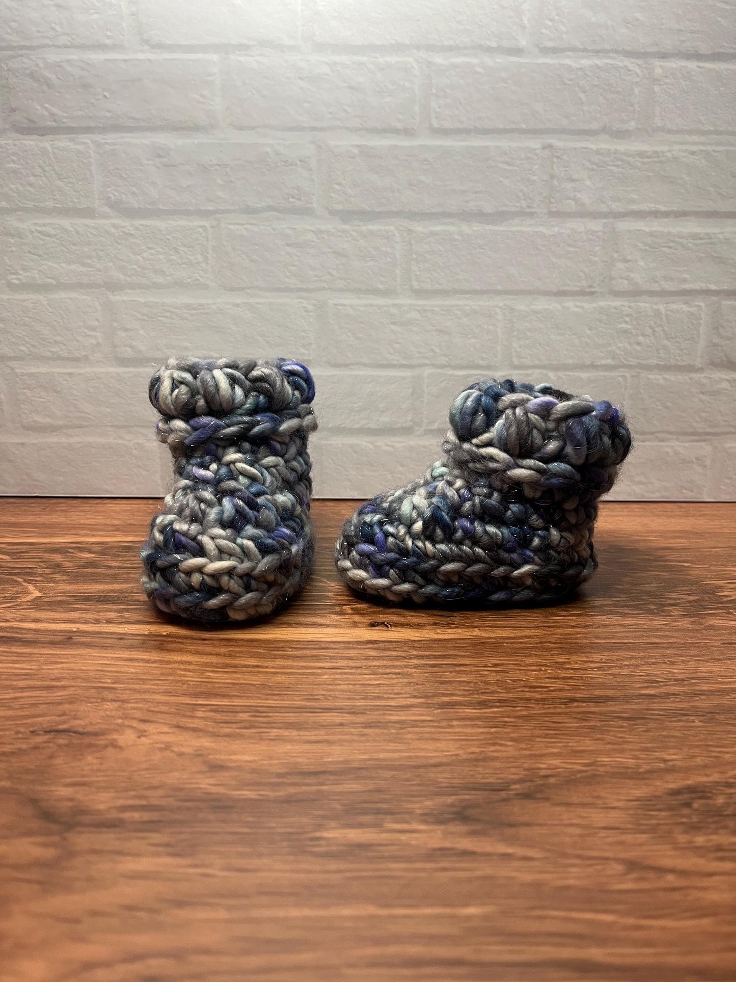 3-6 months - Luxury Sparkly Grey Blue “Hello I’m New Here” Merino Wool Crochet Baby Booties - Hand Crocheted Baby Booties w Hand Dyed Yarn