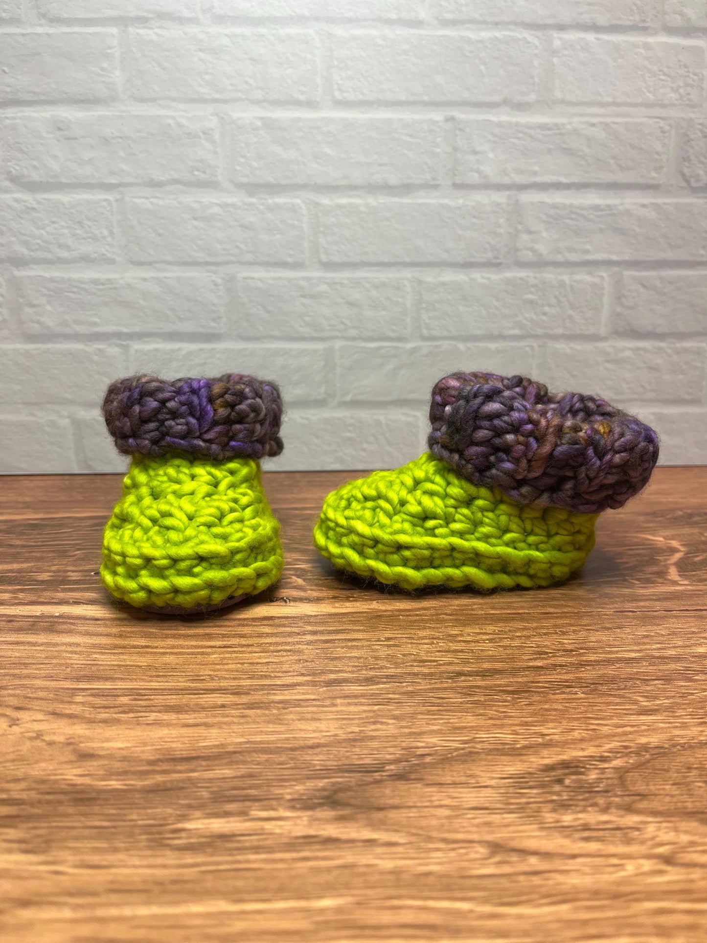 3-6 months - Luxury Green Purple “Little Monster” Merino Wool Crochet Baby Booties - Hand Crocheted Baby Booties with Hand Dyed Yarn