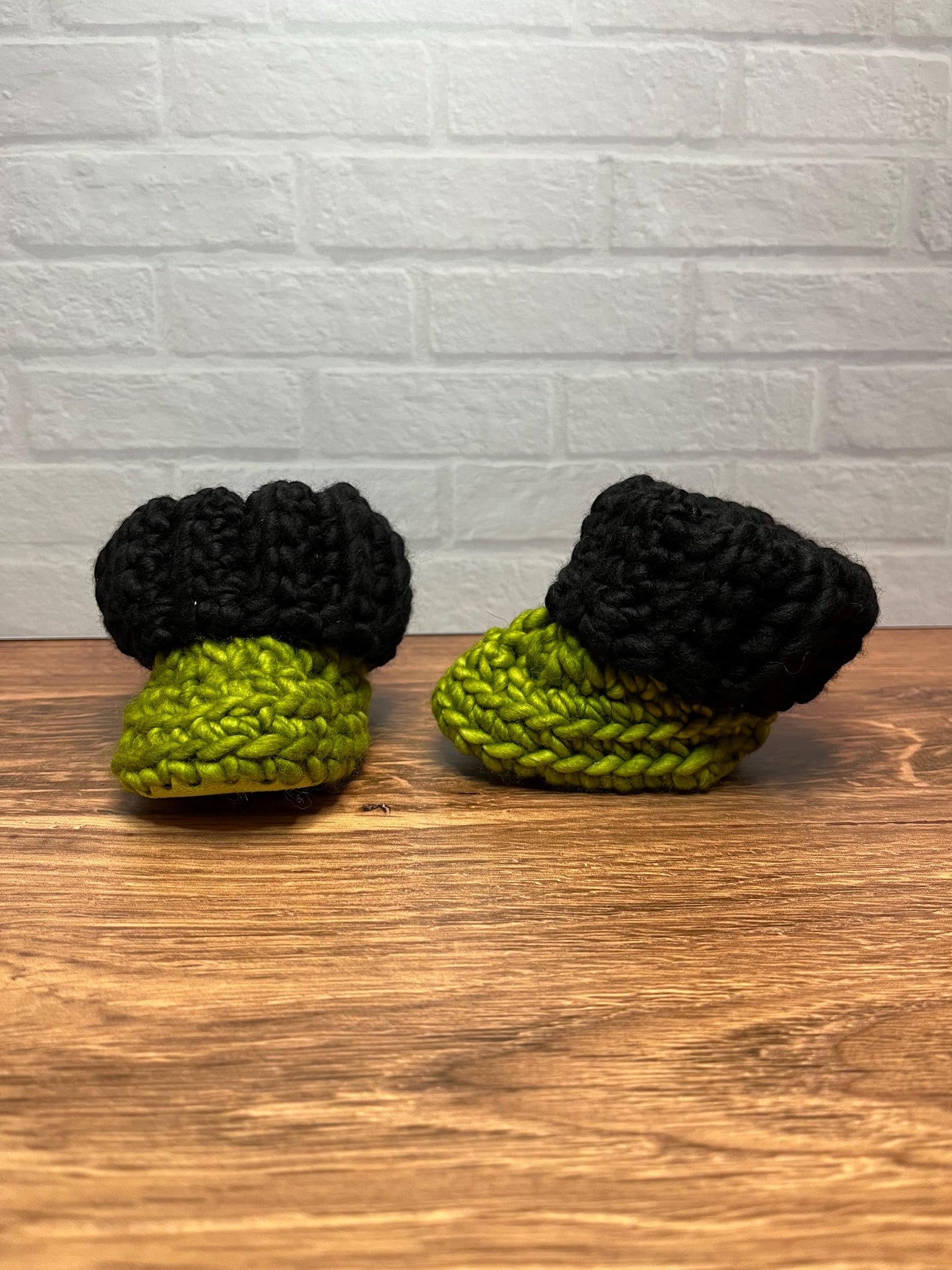3-6 months - Luxury Green Black “So Franken Cute” Merino Wool Crochet Baby Booties - Hand Crocheted Baby Booties with Hand Dyed Yarn