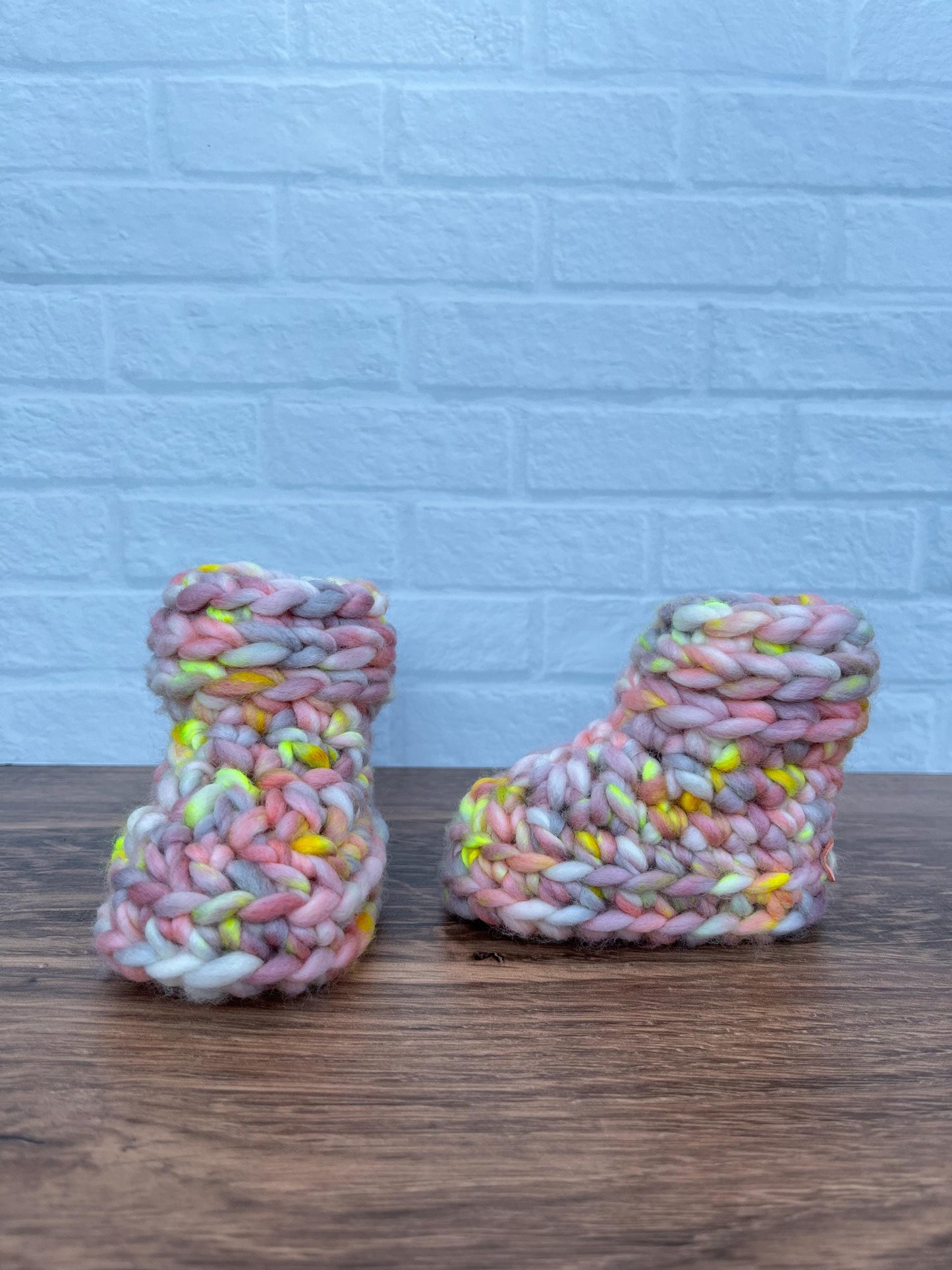 3-6 months - Luxury Pastel “Hello I’m New Here” Merino Wool Crochet Baby Booties - Hand Crocheted Baby Booties with Hand Dyed Yarn