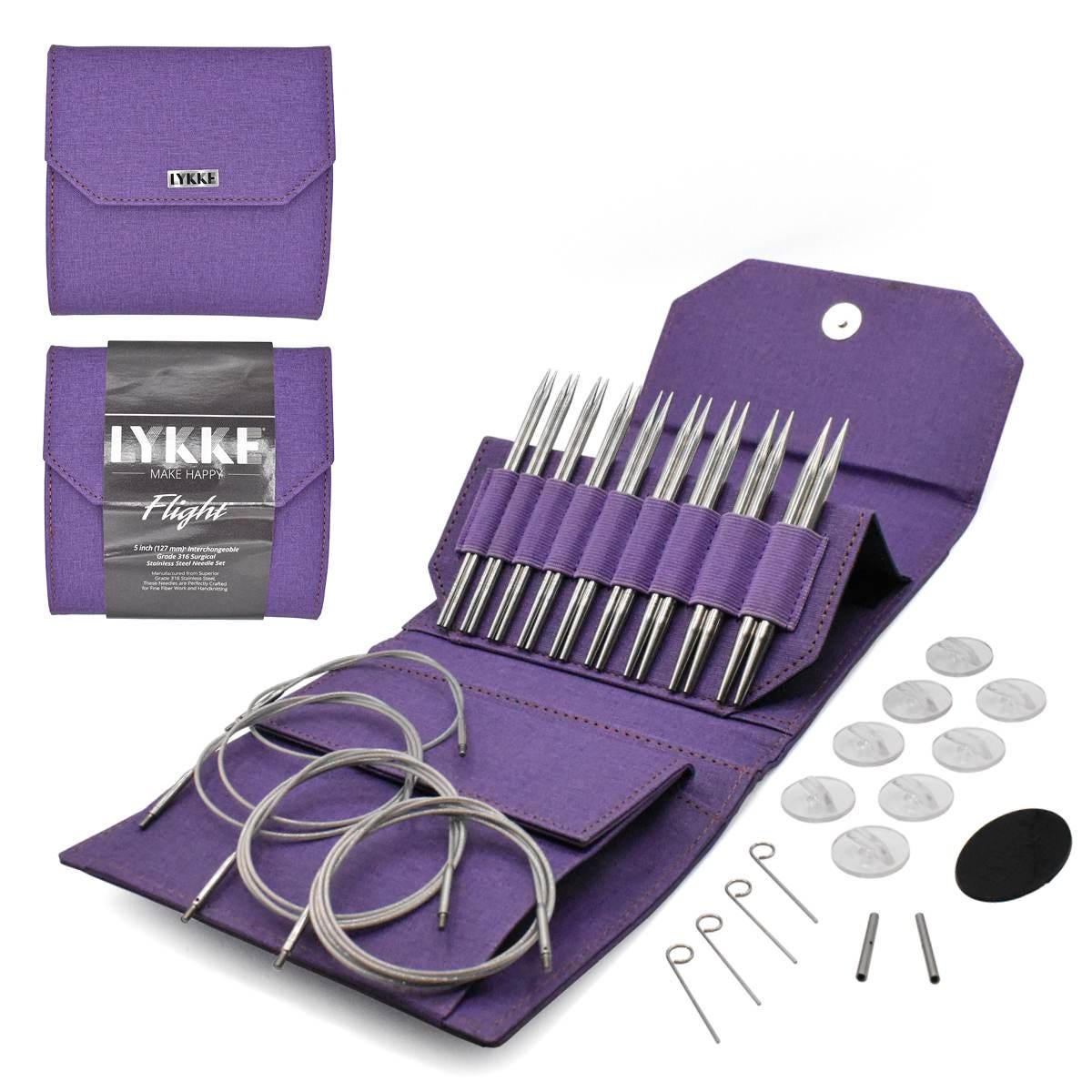 Lykke Knitting Needles - FLIGHT 5" Interchangeable Circular Needle Set - Mini, Standard, Bulky - Faux Waxed Canvas - Purple, Maroon, Denim