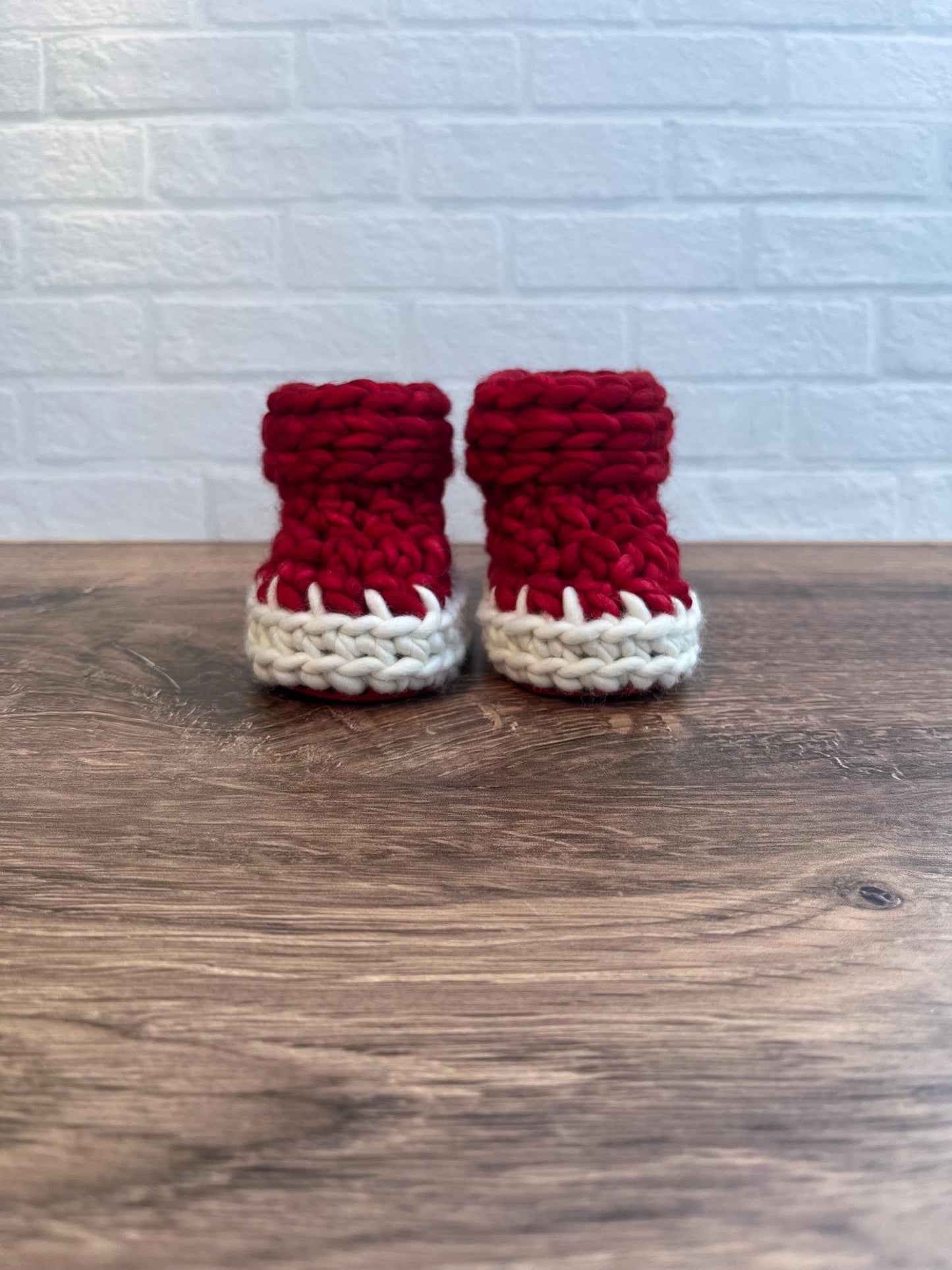3-6 months - Luxury Red White “My First Christmas” Merino Wool Crochet Baby Booties - Hand Crocheted Baby Booties with Hand Dyed Yarn